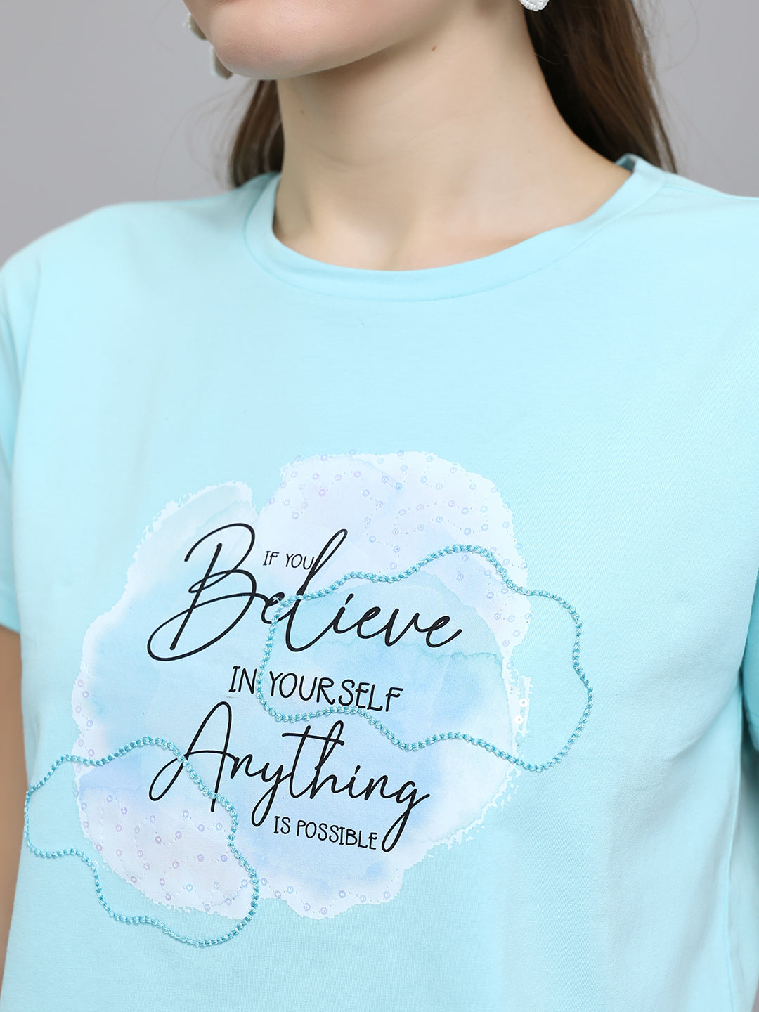 Women Aqua Blue Printed Round Neck Half Sleeve Top