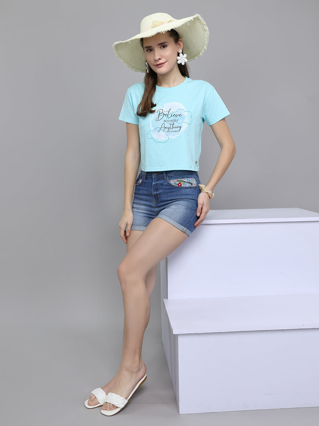 Women Aqua Blue Printed Round Neck Half Sleeve Top