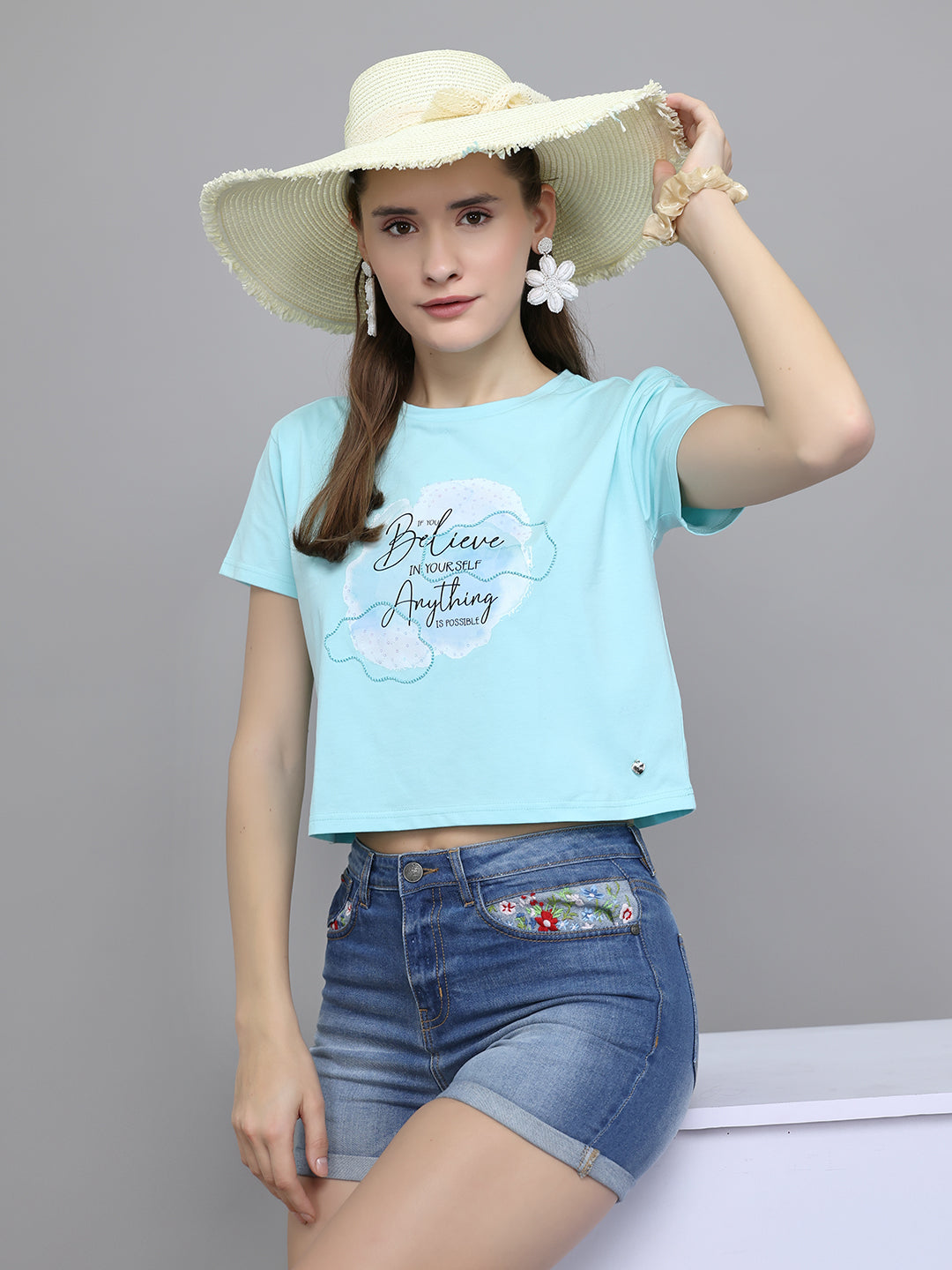 Women Aqua Blue Printed Round Neck Half Sleeve Top