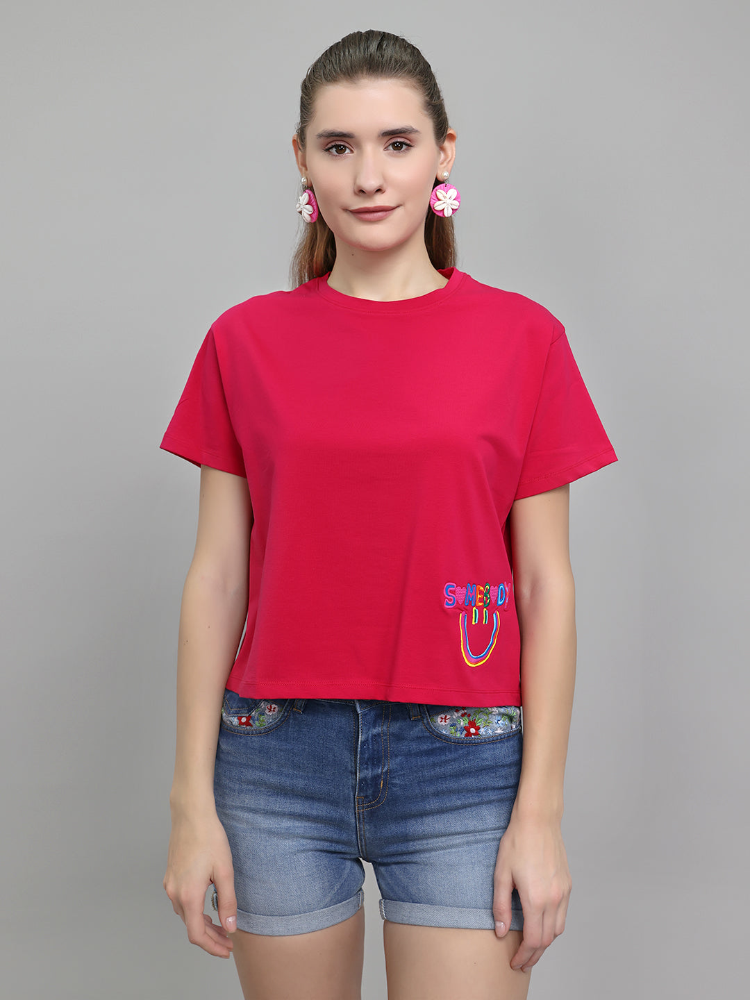 Women Magenta Embroidered Round Neck Half Sleeve Top