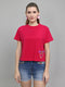 Women Magenta Embroidered Round Neck Half Sleeve Top