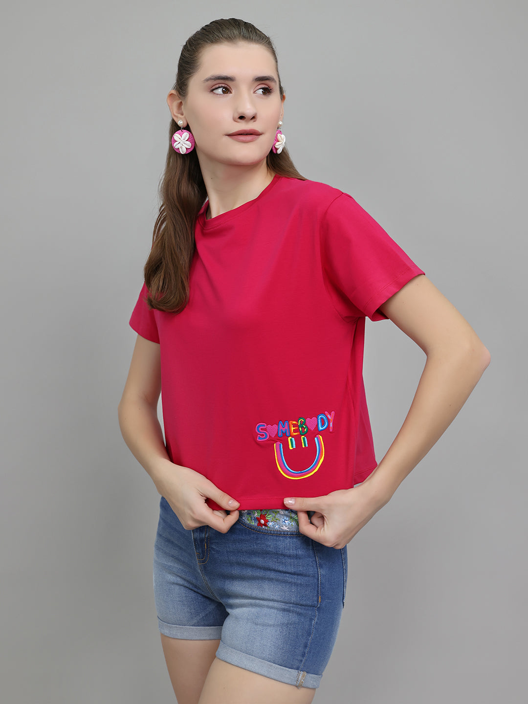 Women Magenta Embroidered Round Neck Half Sleeve Top