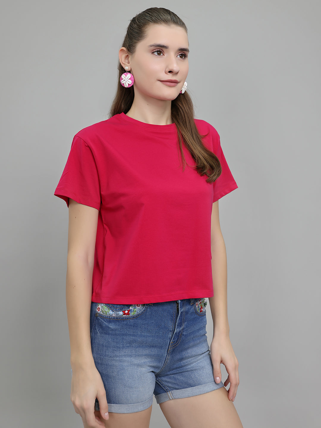 Women Magenta Embroidered Round Neck Half Sleeve Top