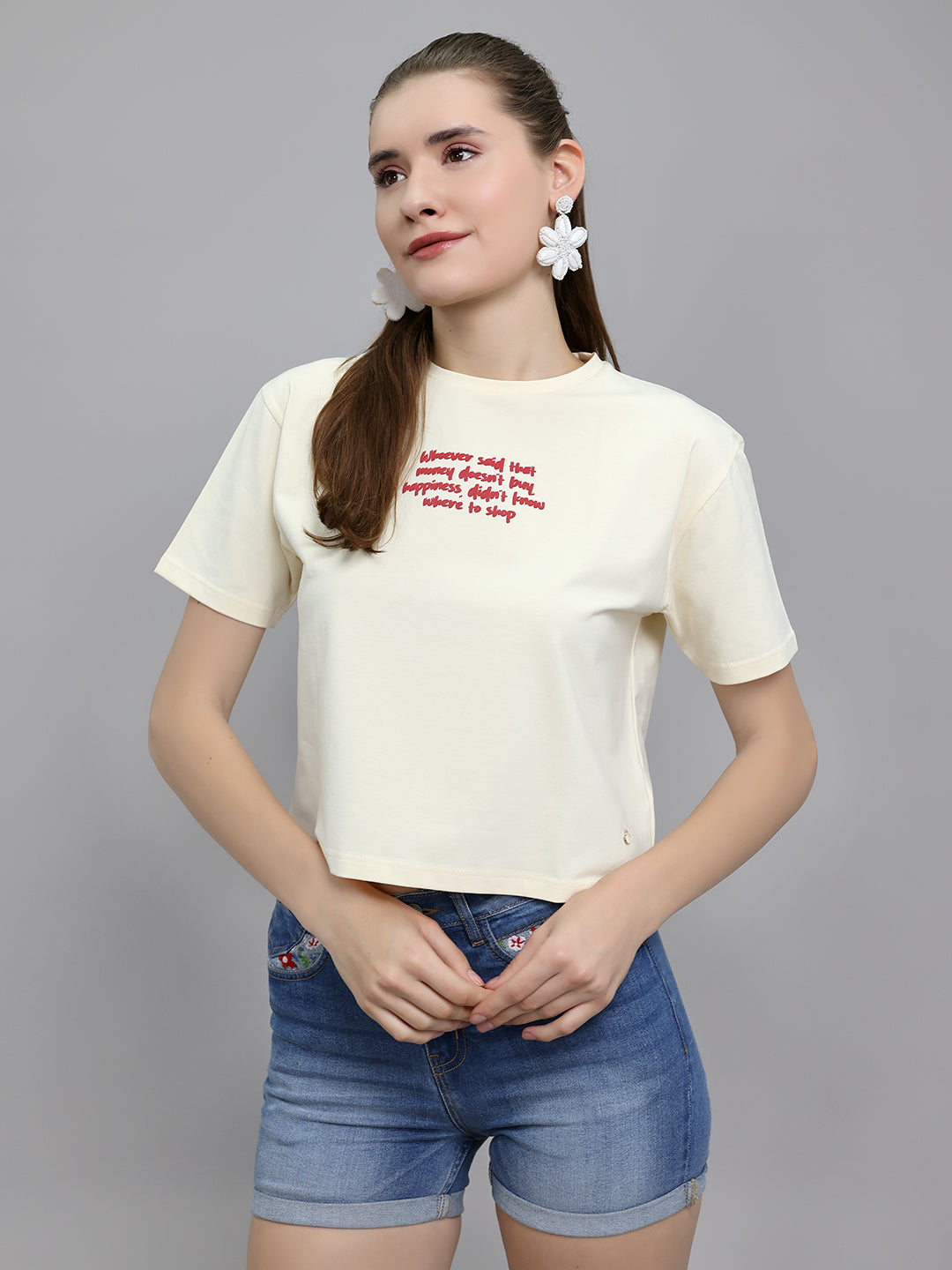 Women Cream Printed Round Neck Half Sleeve Top