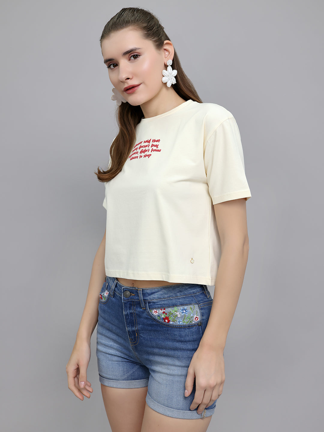 Women Cream Printed Round Neck Half Sleeve Top