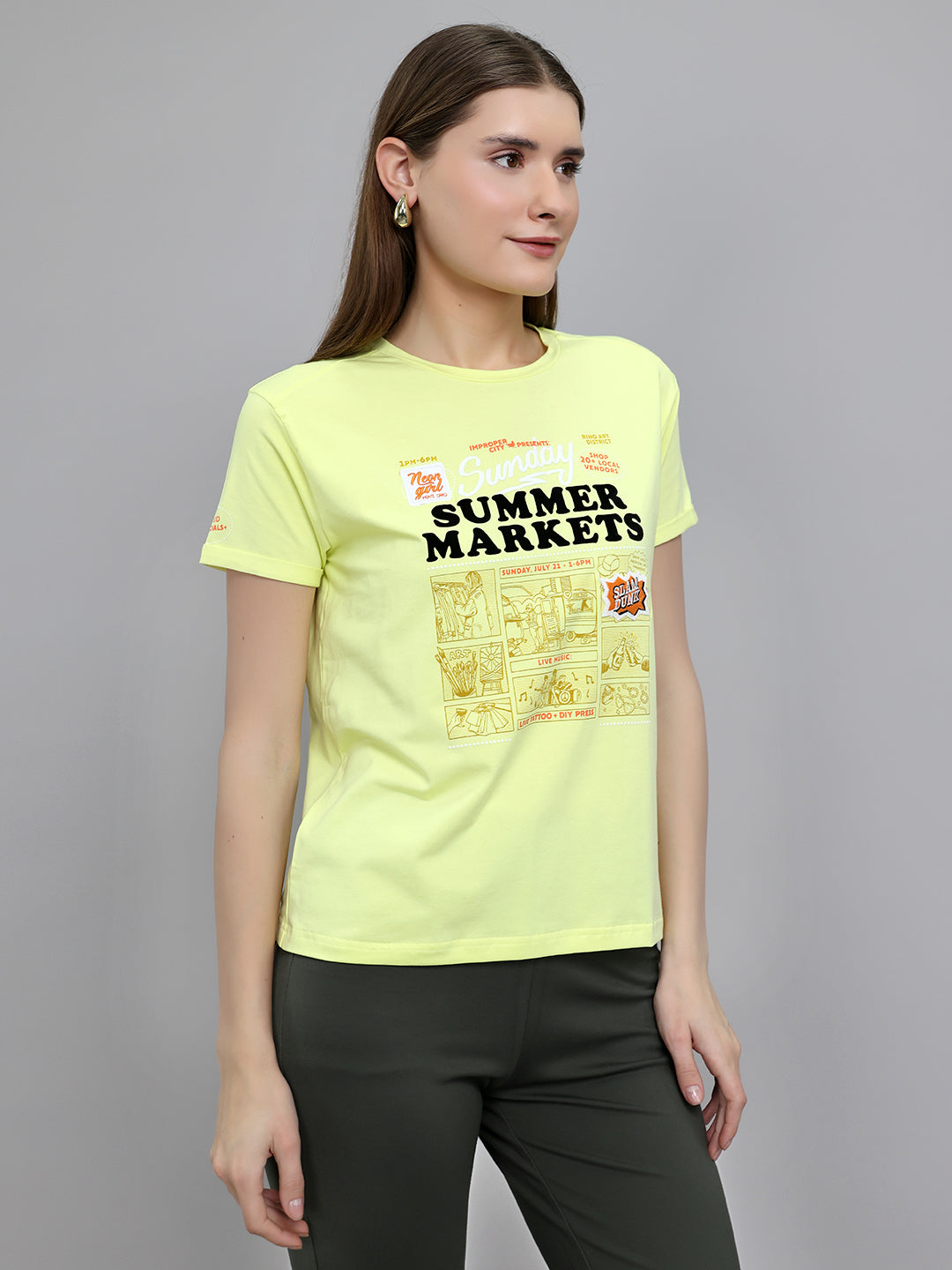 Women Yellow Printed Round Neck Half Sleeve Top