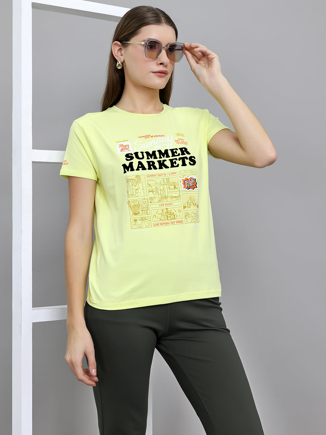 Women Yellow Printed Round Neck Half Sleeve Top