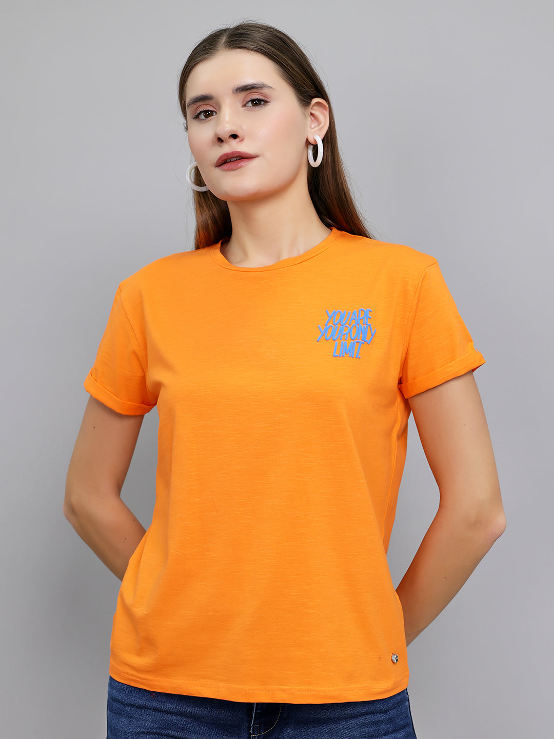 Women Orange Printed Round Neck Half Sleeve Top