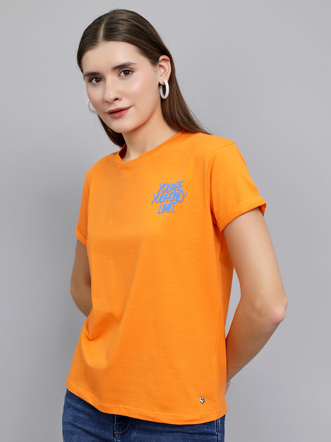 Women Orange Printed Round Neck Half Sleeve Top
