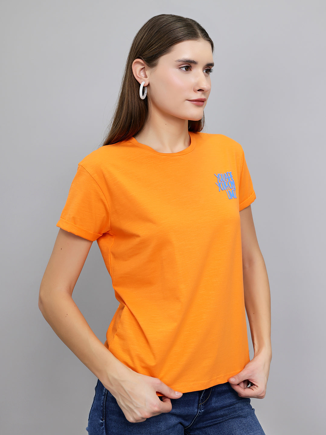 Women Orange Printed Round Neck Half Sleeve Top