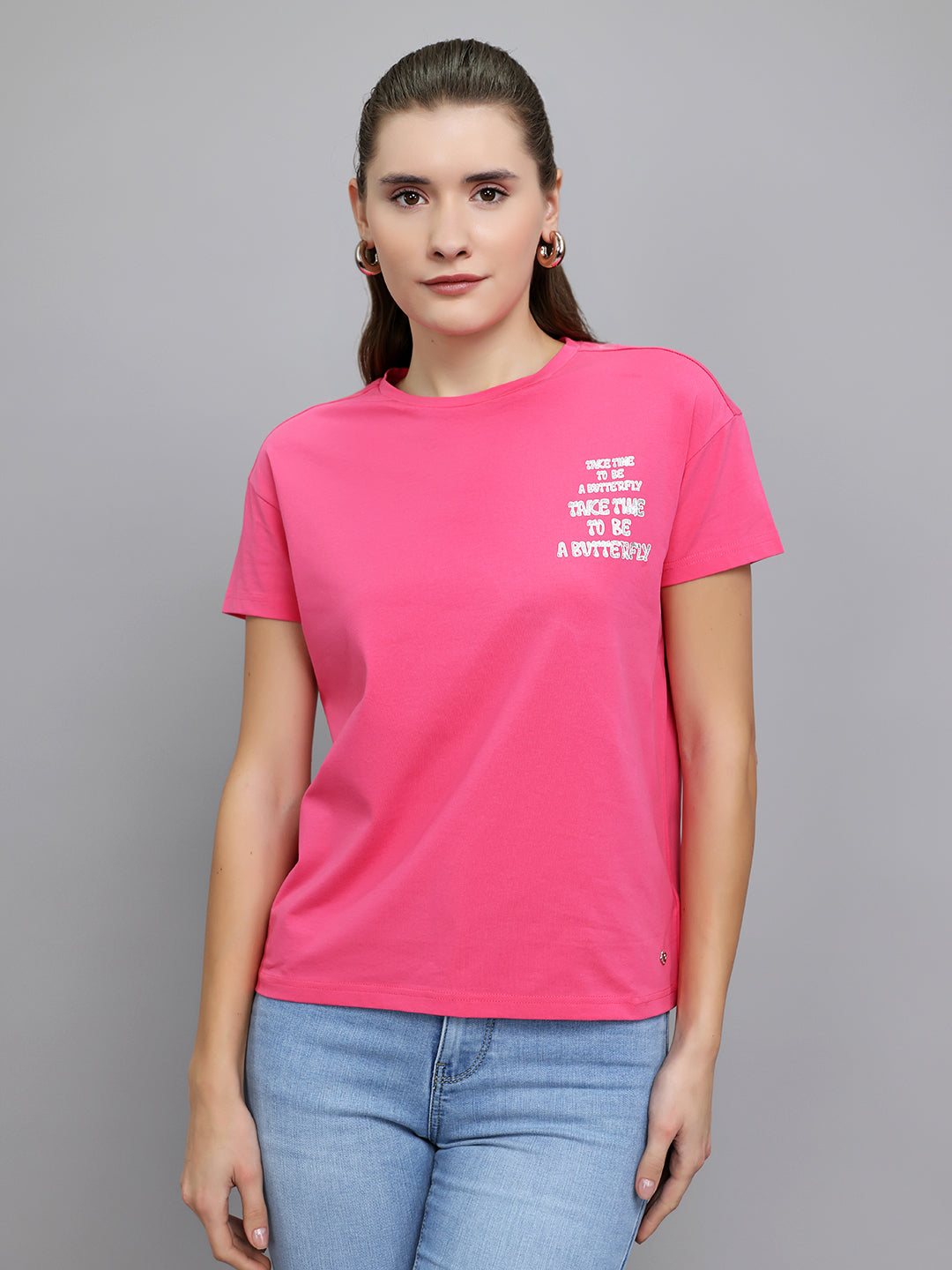 Women Magenta Printed Round Neck Half Sleeve Top