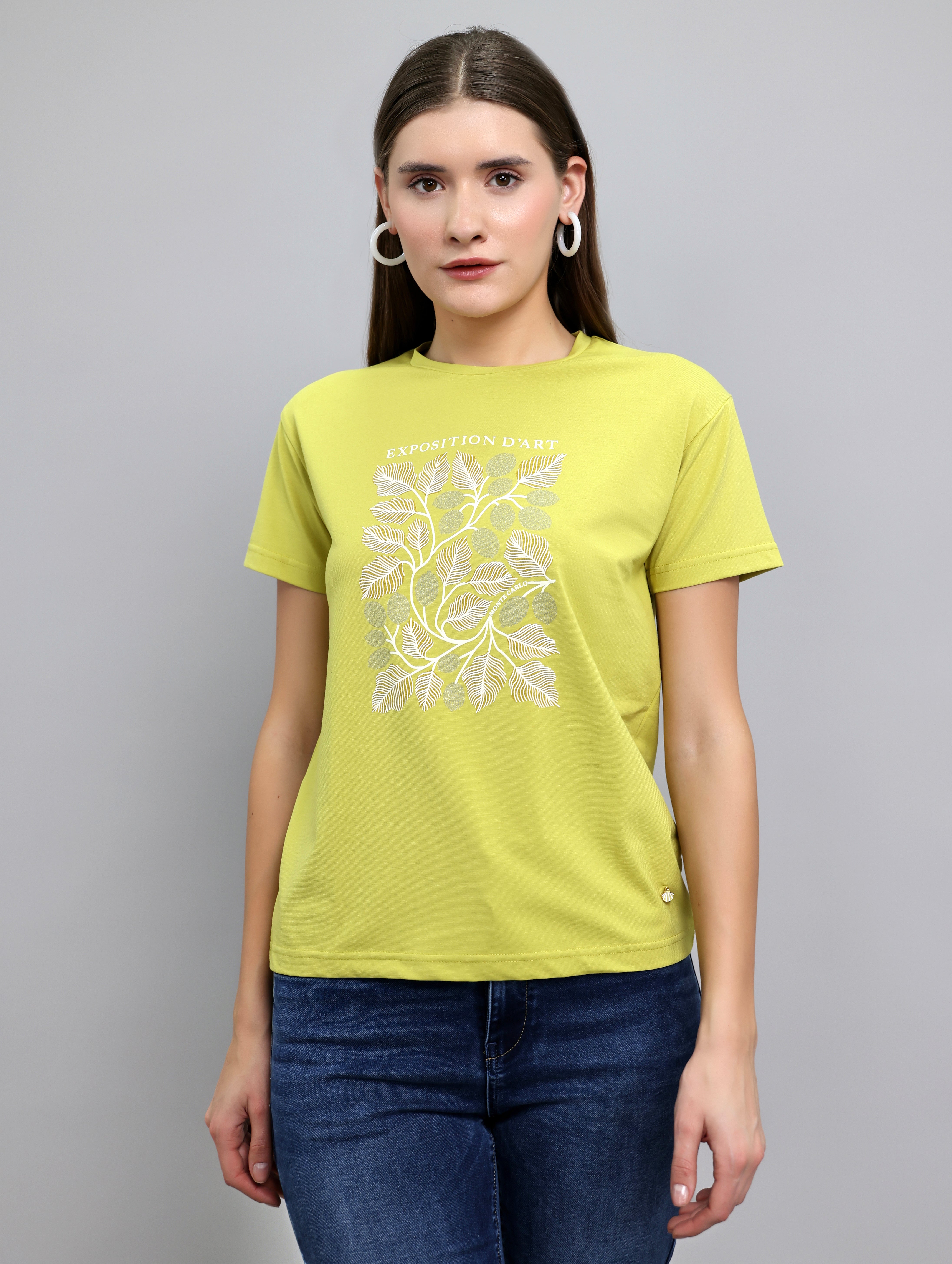 Women Light Green Printed Round Neck Half Sleeve Top