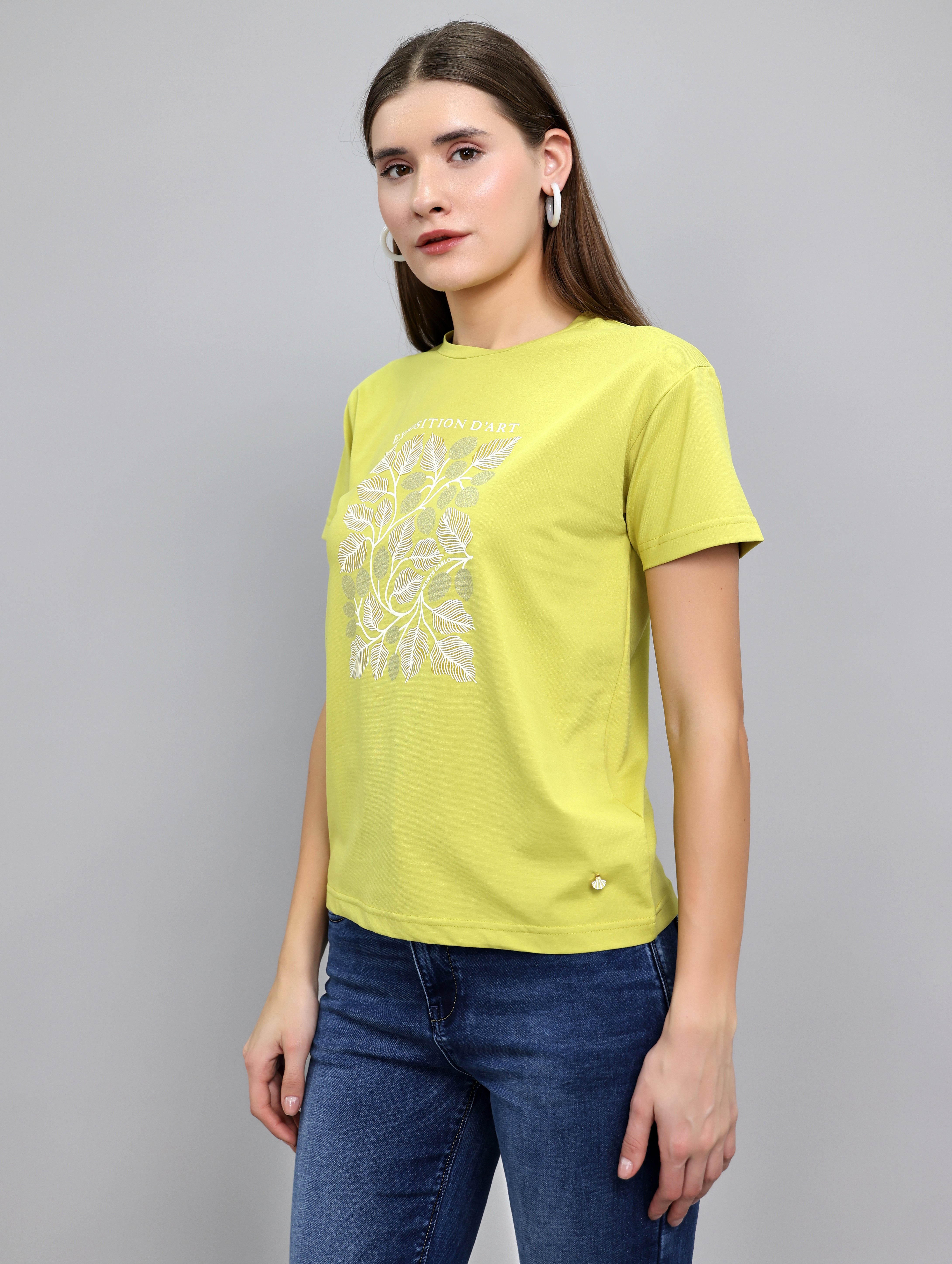 Women Light Green Printed Round Neck Half Sleeve Top