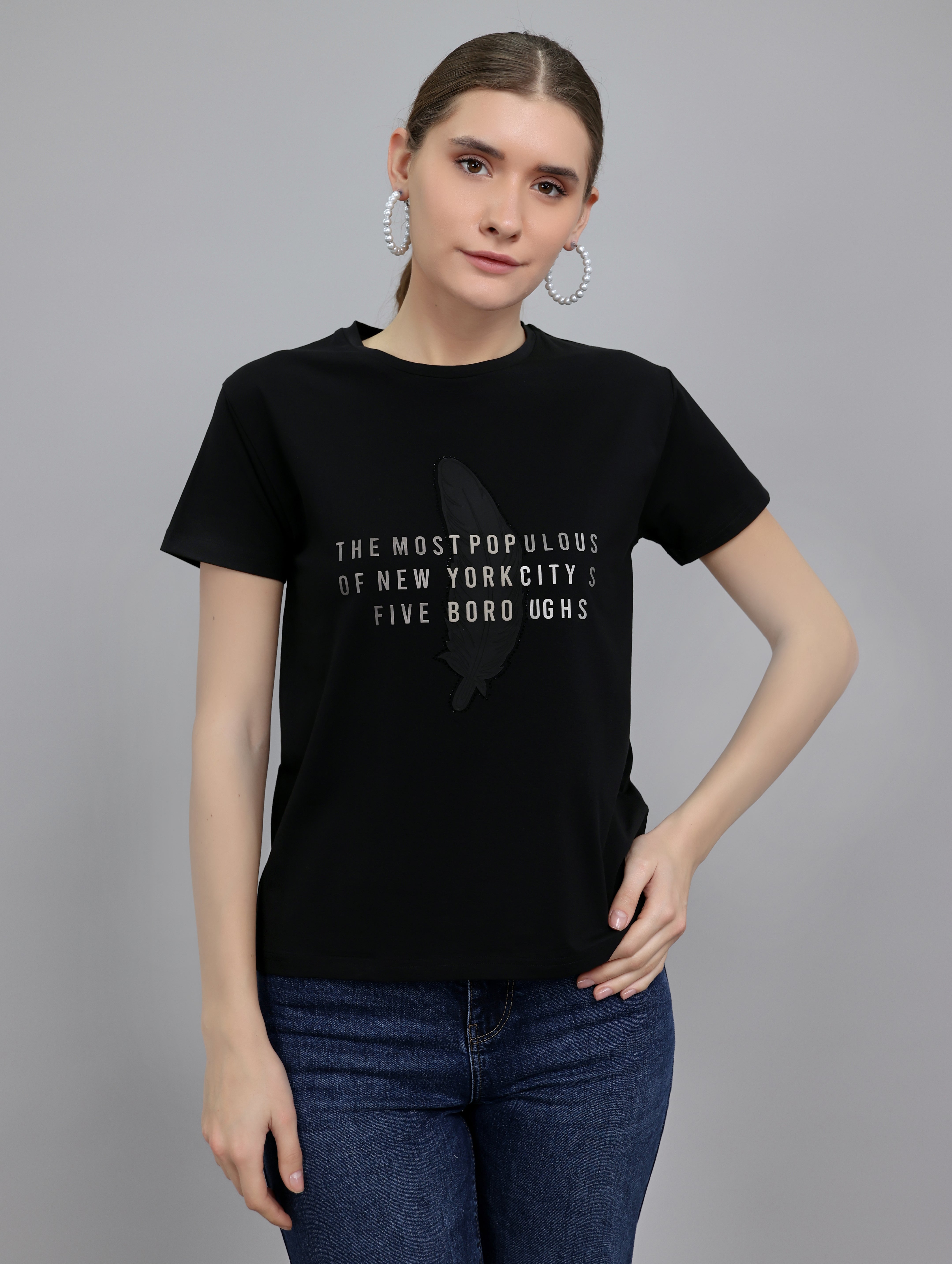 Women Black Typographic Round Neck Half Sleeve Top