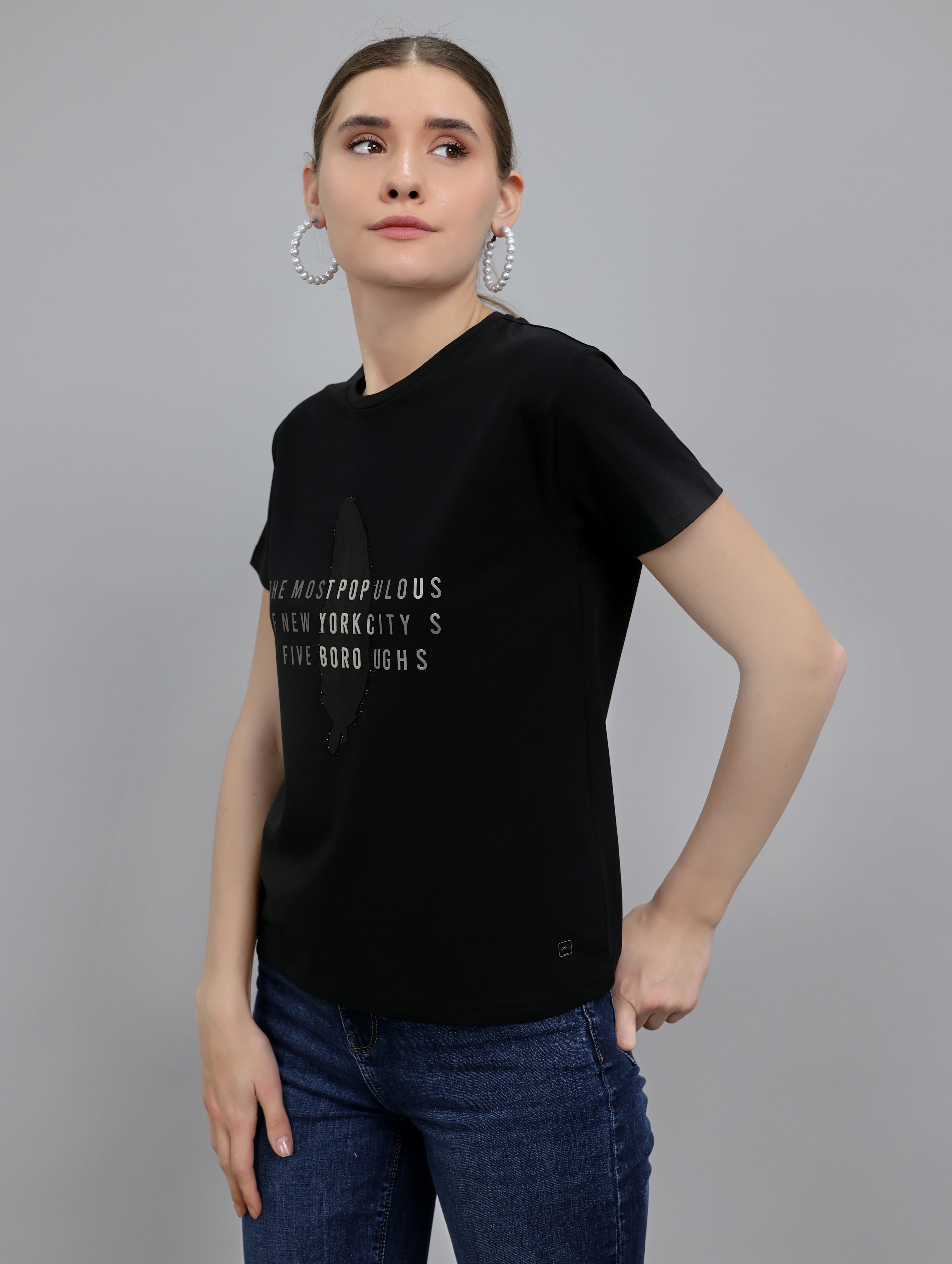 Women Black Typographic Round Neck Half Sleeve Top
