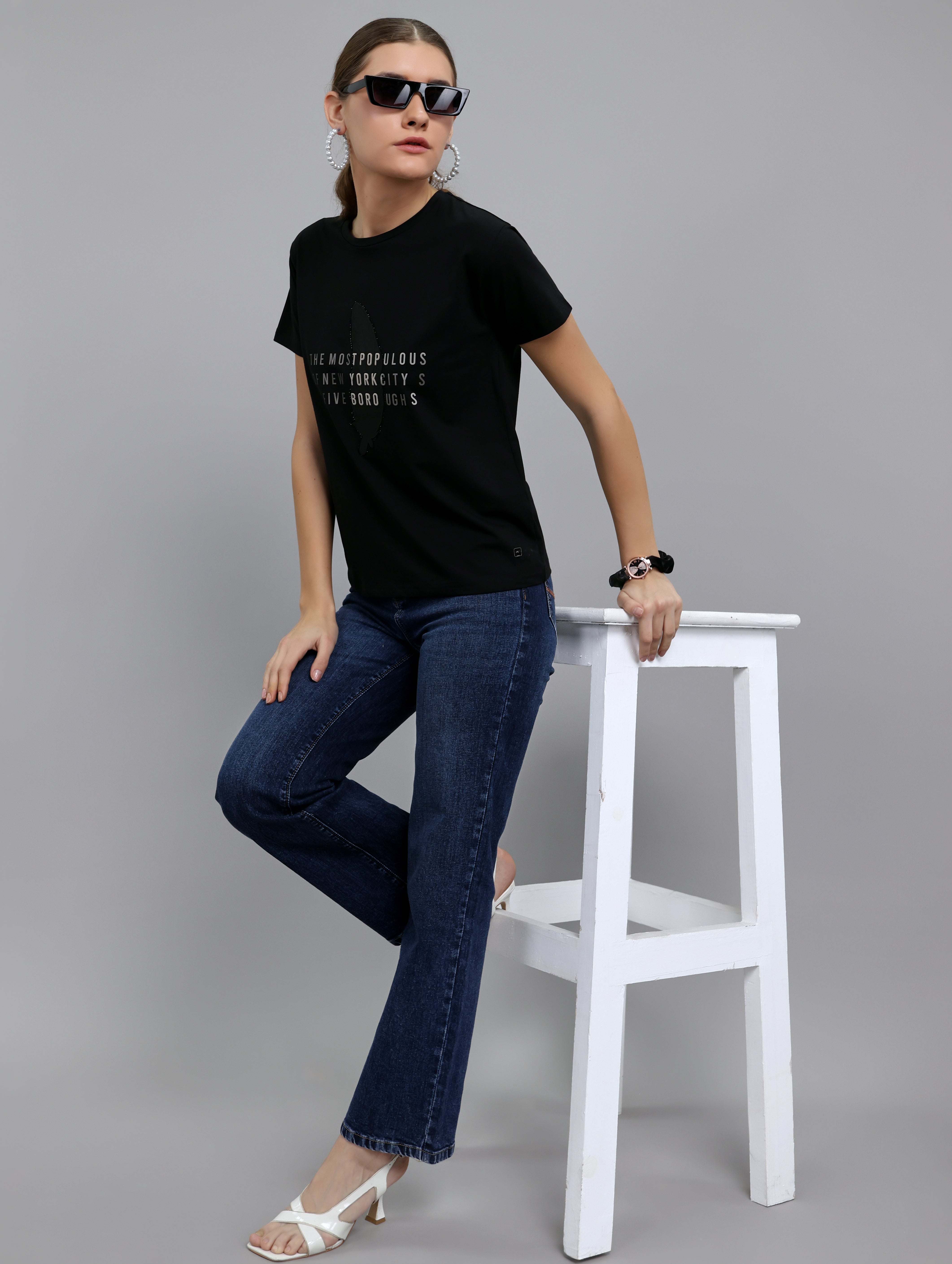 Women Black Typographic Round Neck Half Sleeve Top