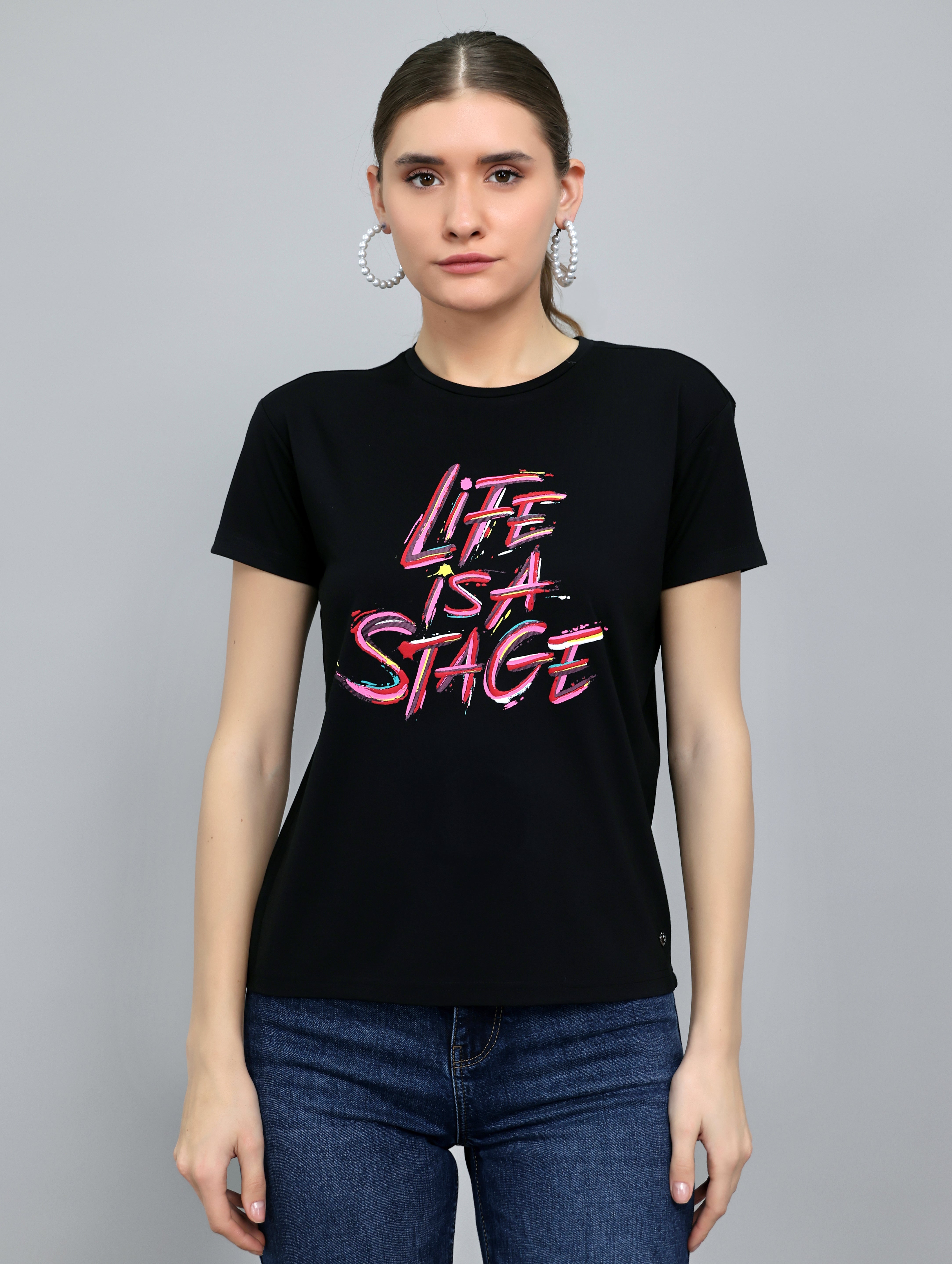 Women Black Printed Round Neck Half Sleeve Top