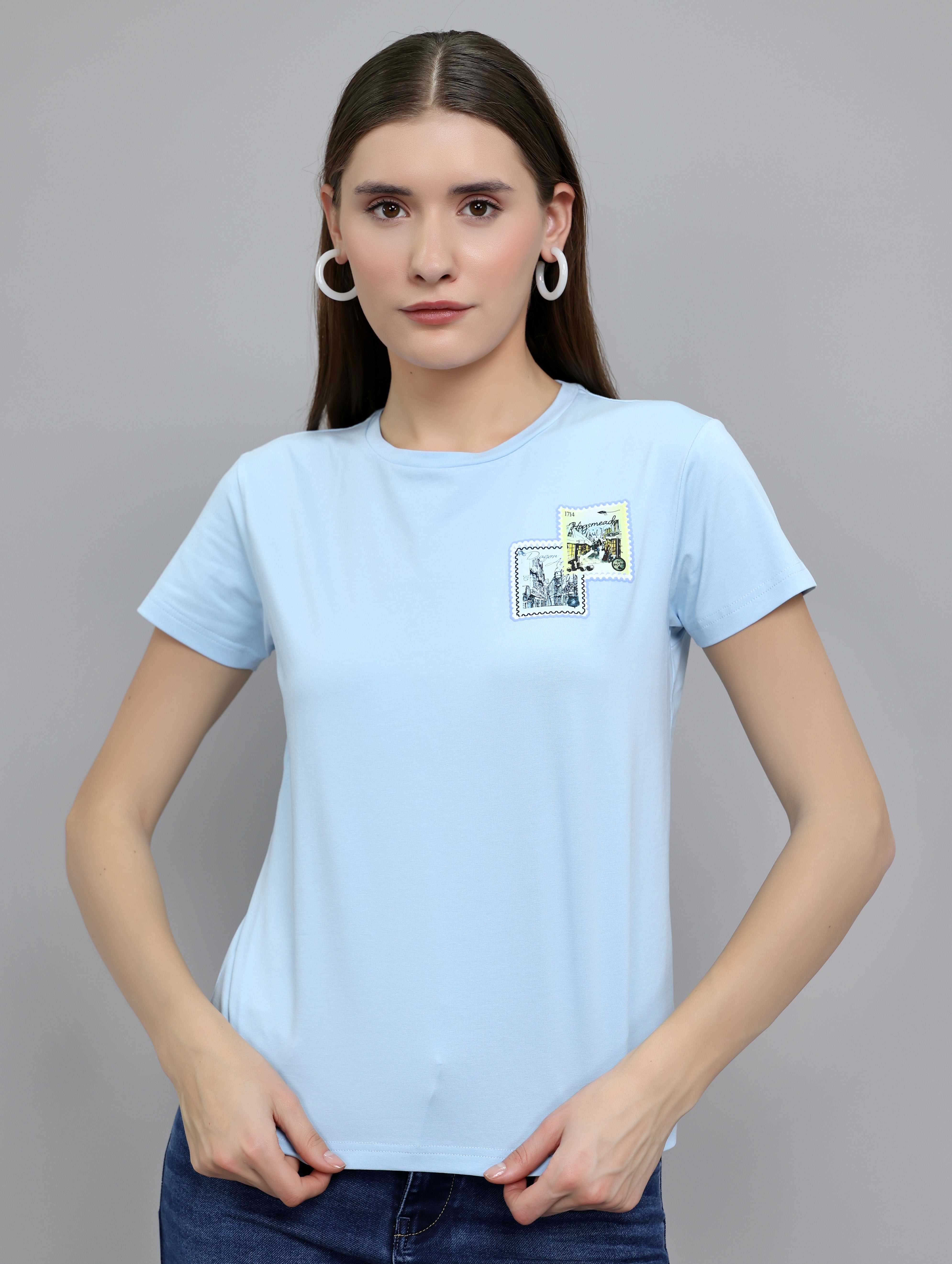 Women Sky Blue Printed Round Neck Half Sleeve Top