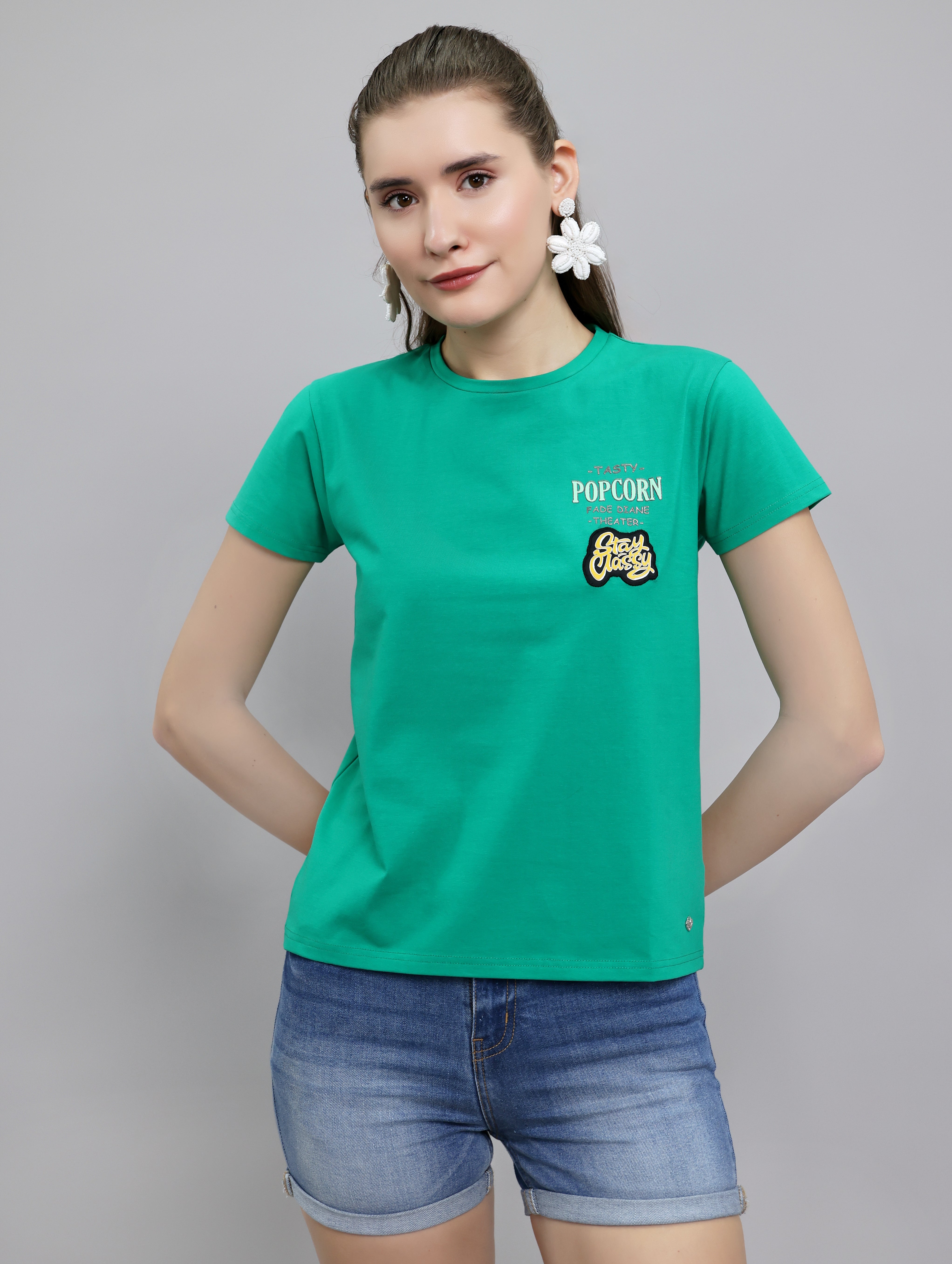 Women Green Printed Round Neck Half Sleeve Top