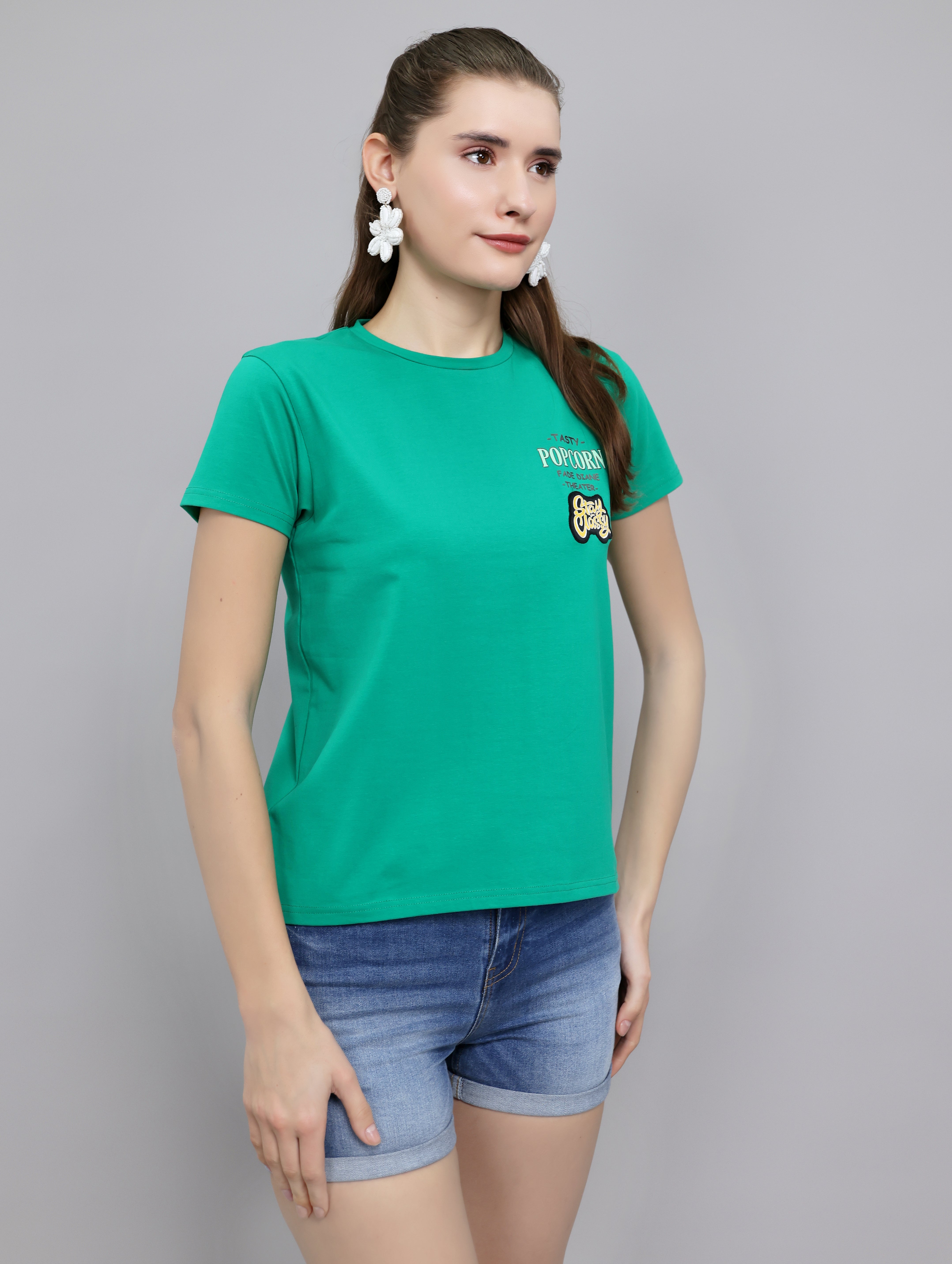 Women Green Printed Round Neck Half Sleeve Top