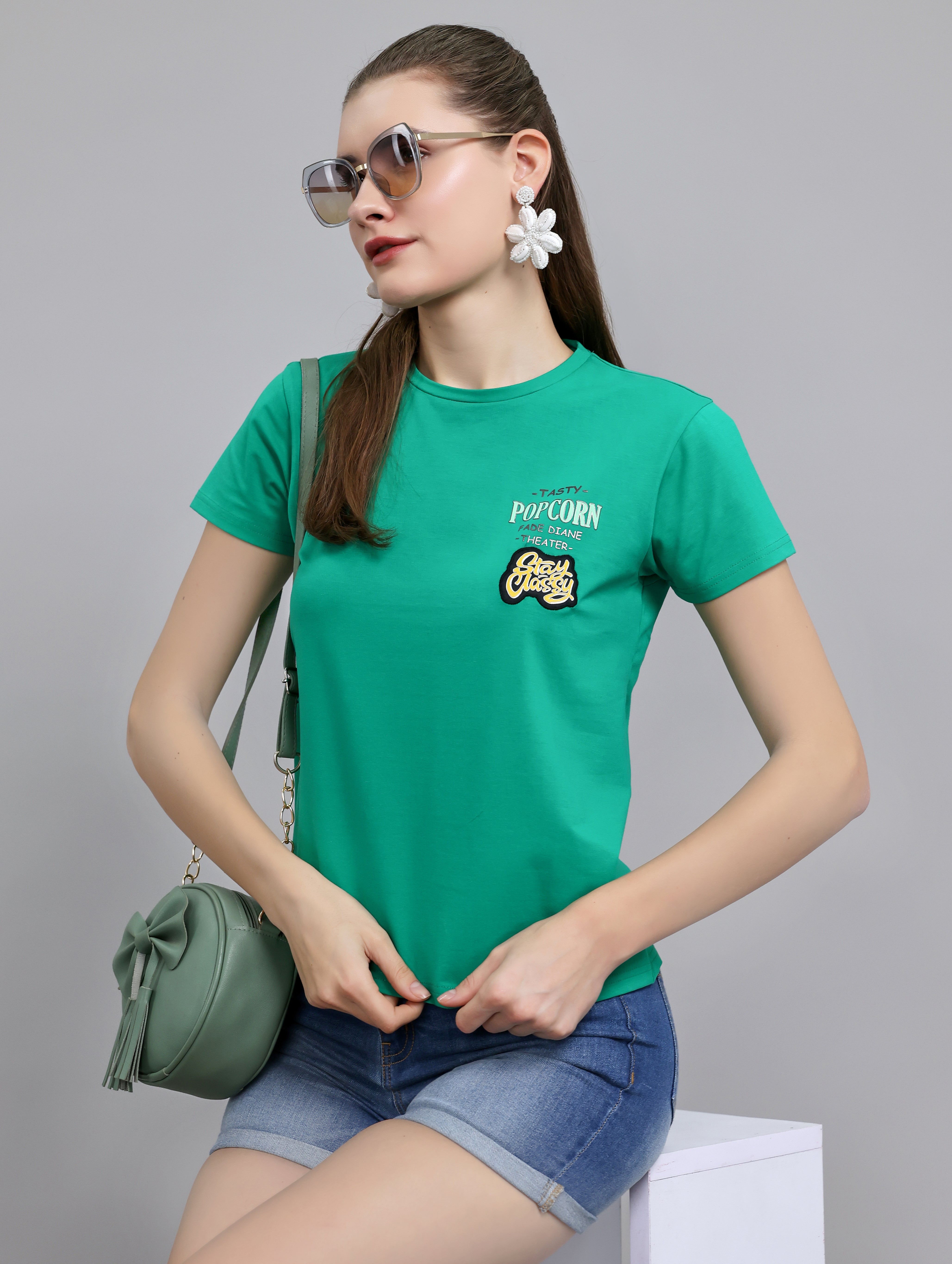 Women Green Printed Round Neck Half Sleeve Top