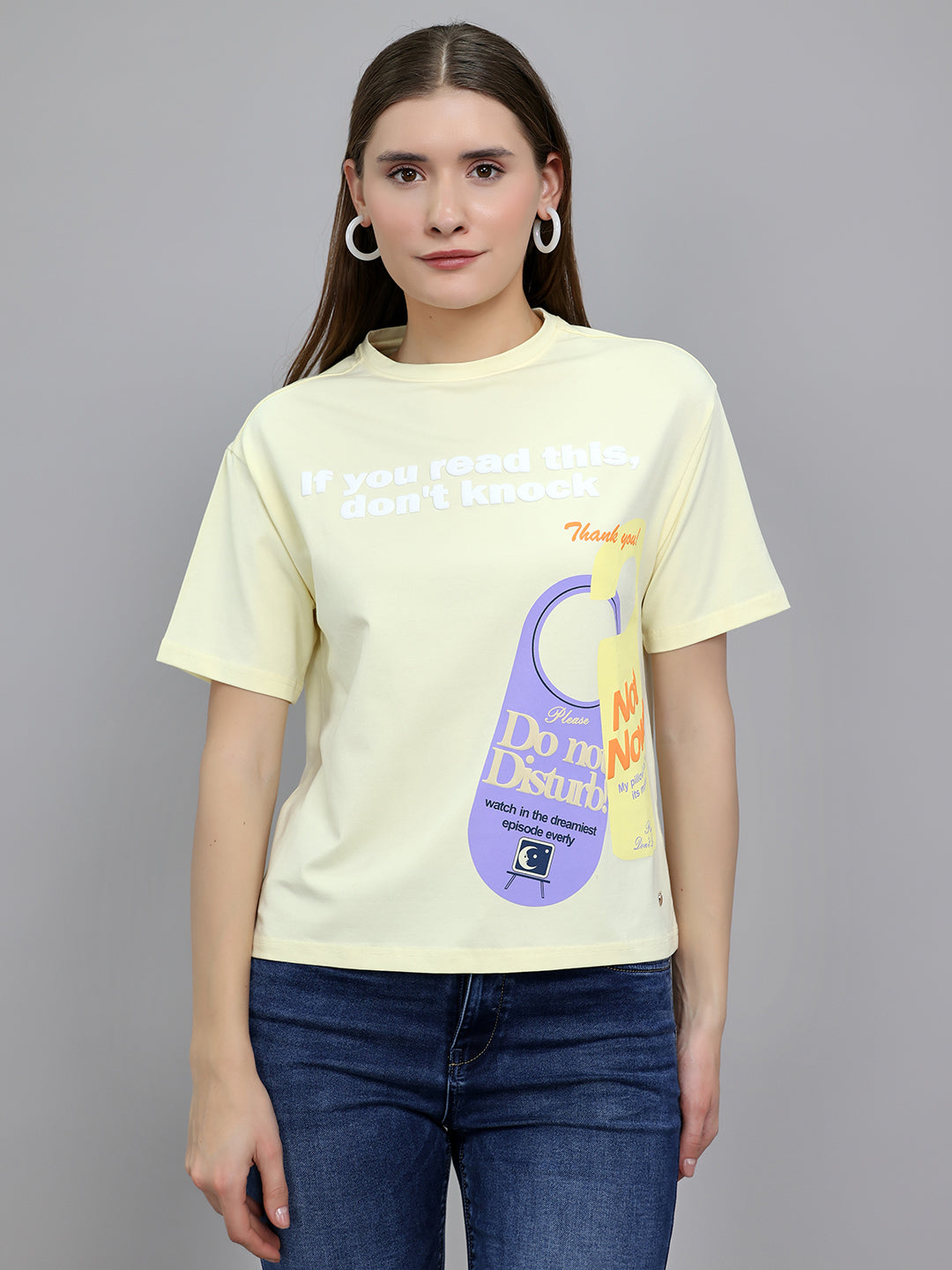 Women Yellow 3D Typography Printed Round Neck Half Sleeve Top