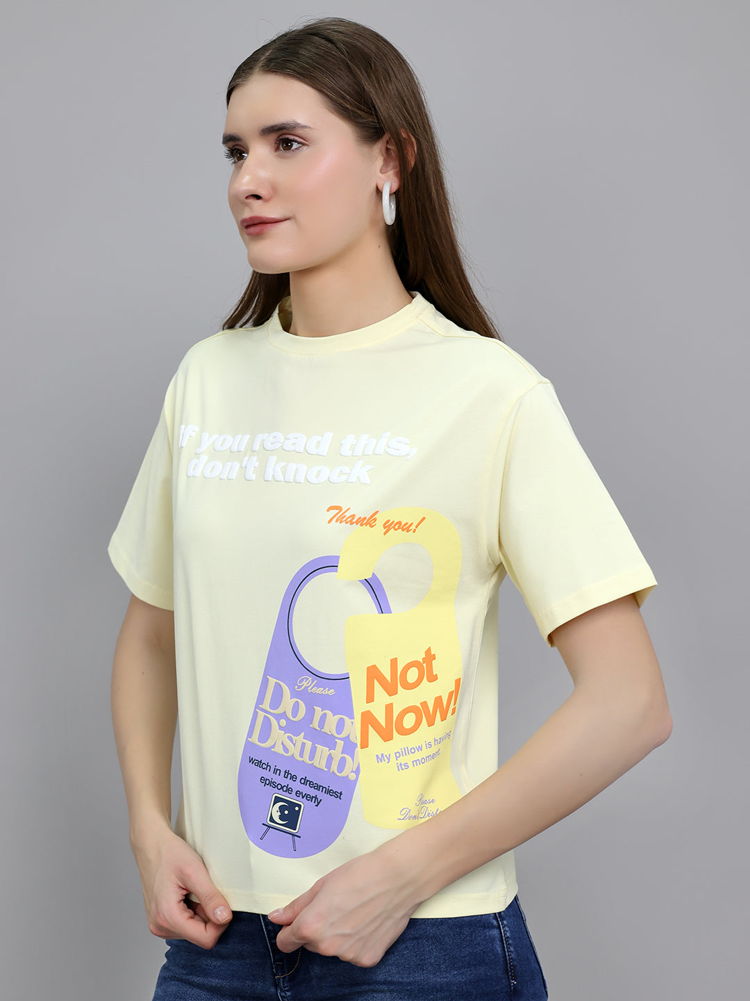 Women Yellow 3D Typography Printed Round Neck Half Sleeve Top