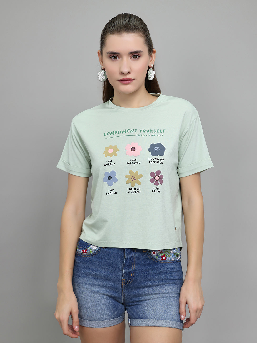 Women Light Green Printed Round Neck Half Sleeve Top