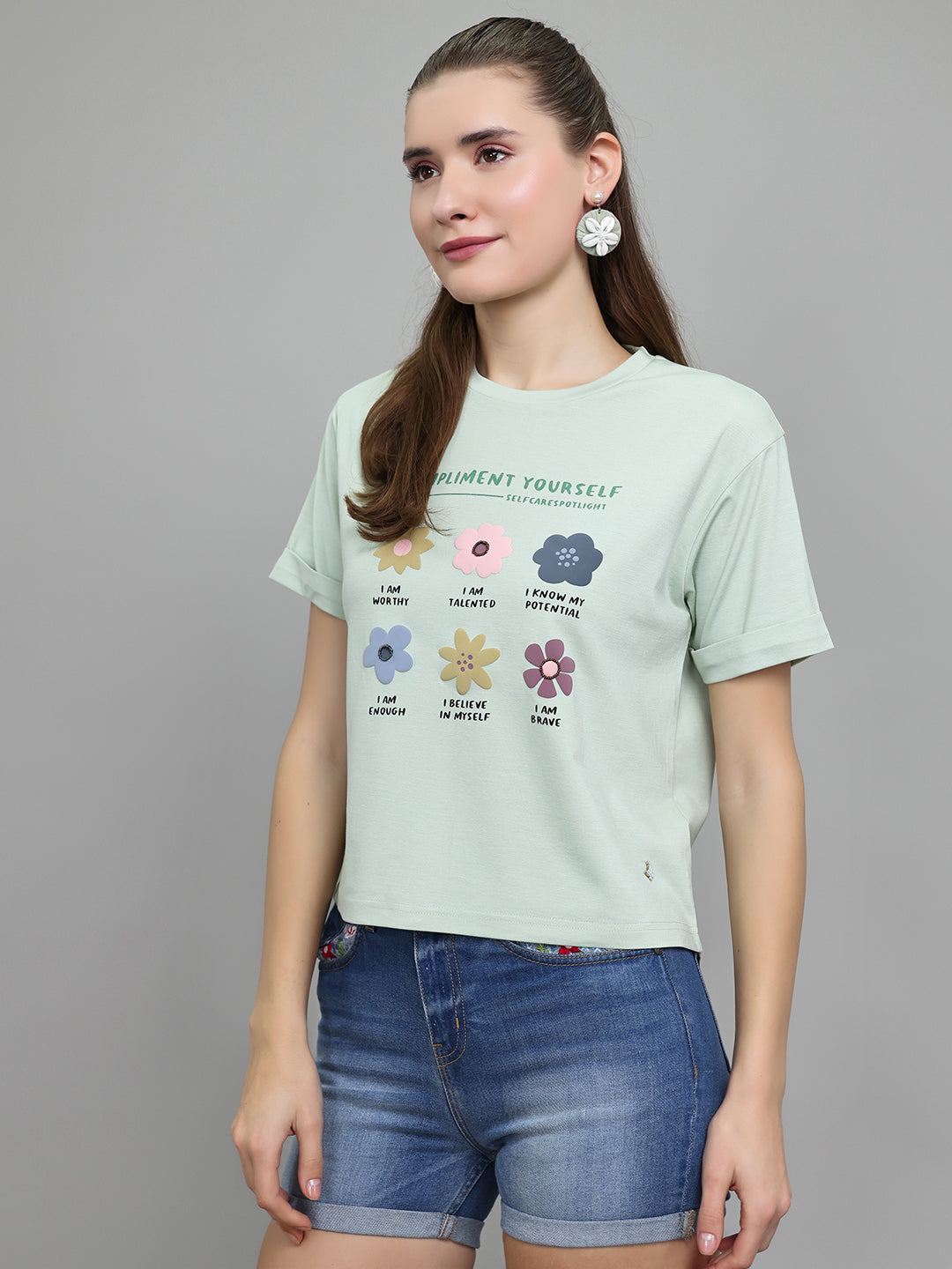 Women Light Green Printed Round Neck Half Sleeve Top