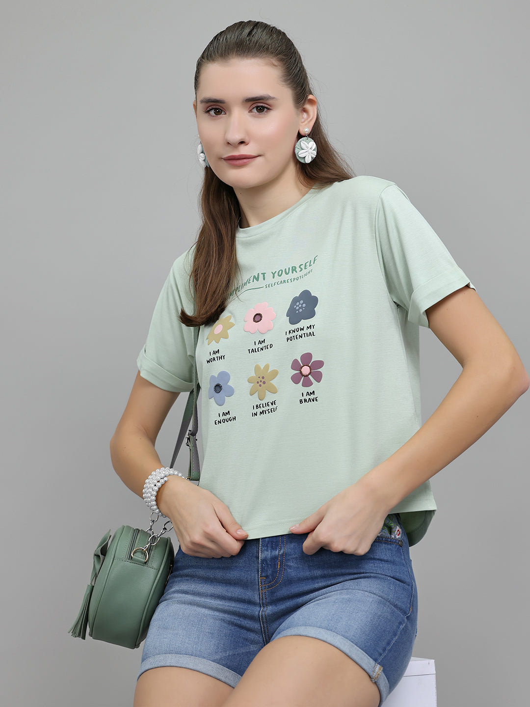 Women Light Green Printed Round Neck Half Sleeve Top