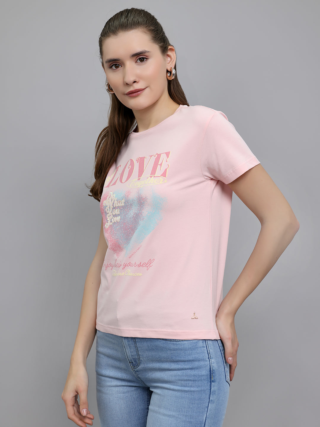 Women Pink Printed Round Neck Half Sleeve Top