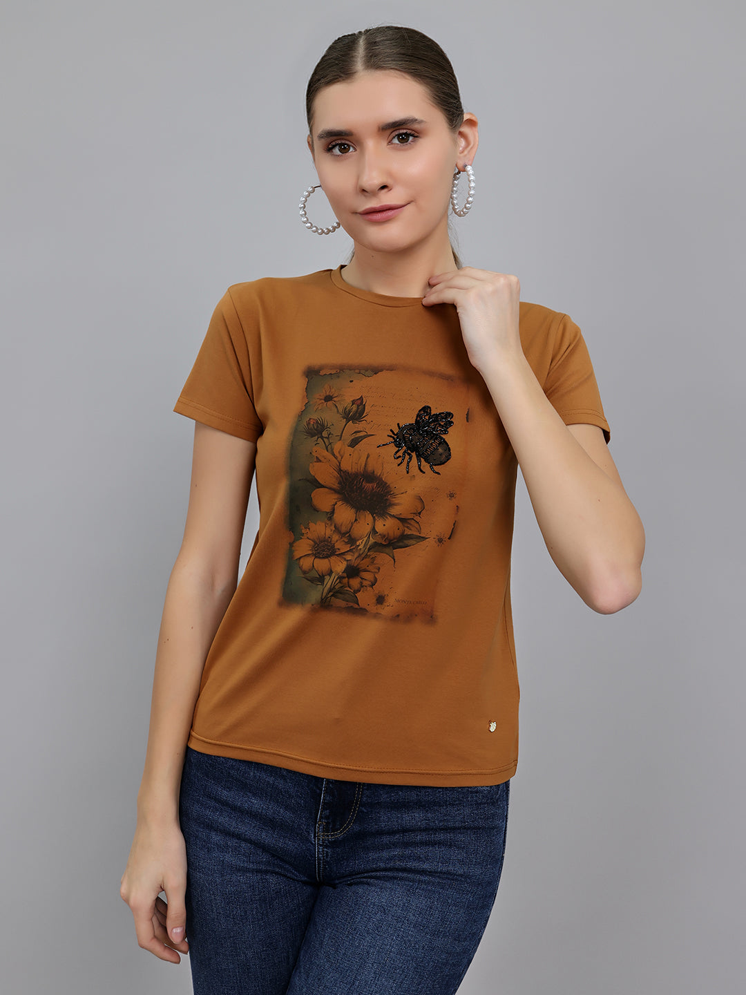 Women Brown Printed Round Neck Half Sleeve Top