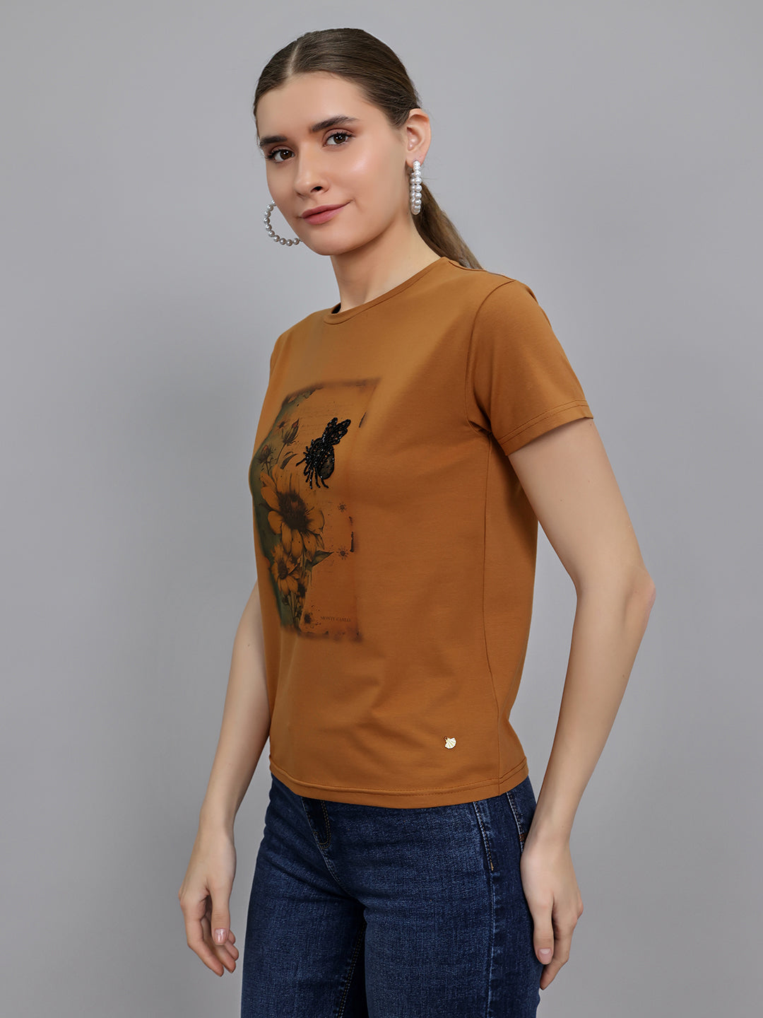 Women Brown Printed Round Neck Half Sleeve Top