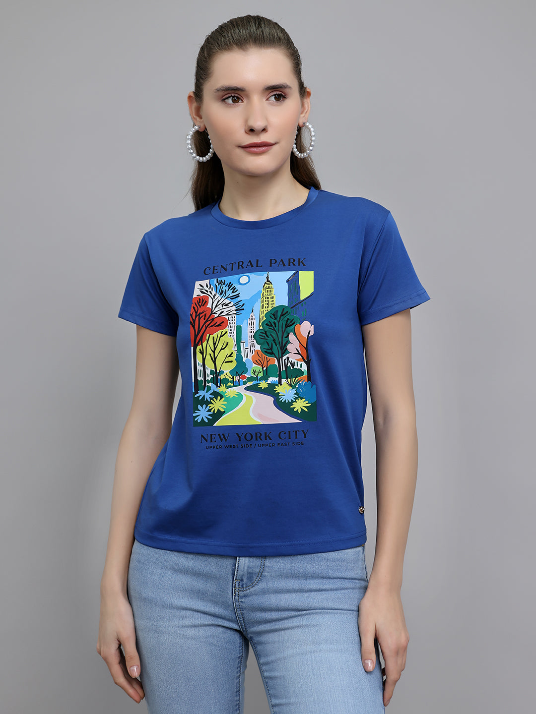 Women Blue Printed Round Neck Half Sleeve Top