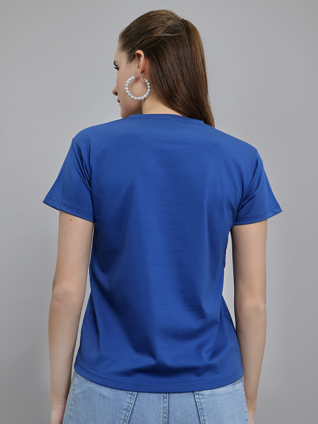 Women Blue Printed Round Neck Half Sleeve Top