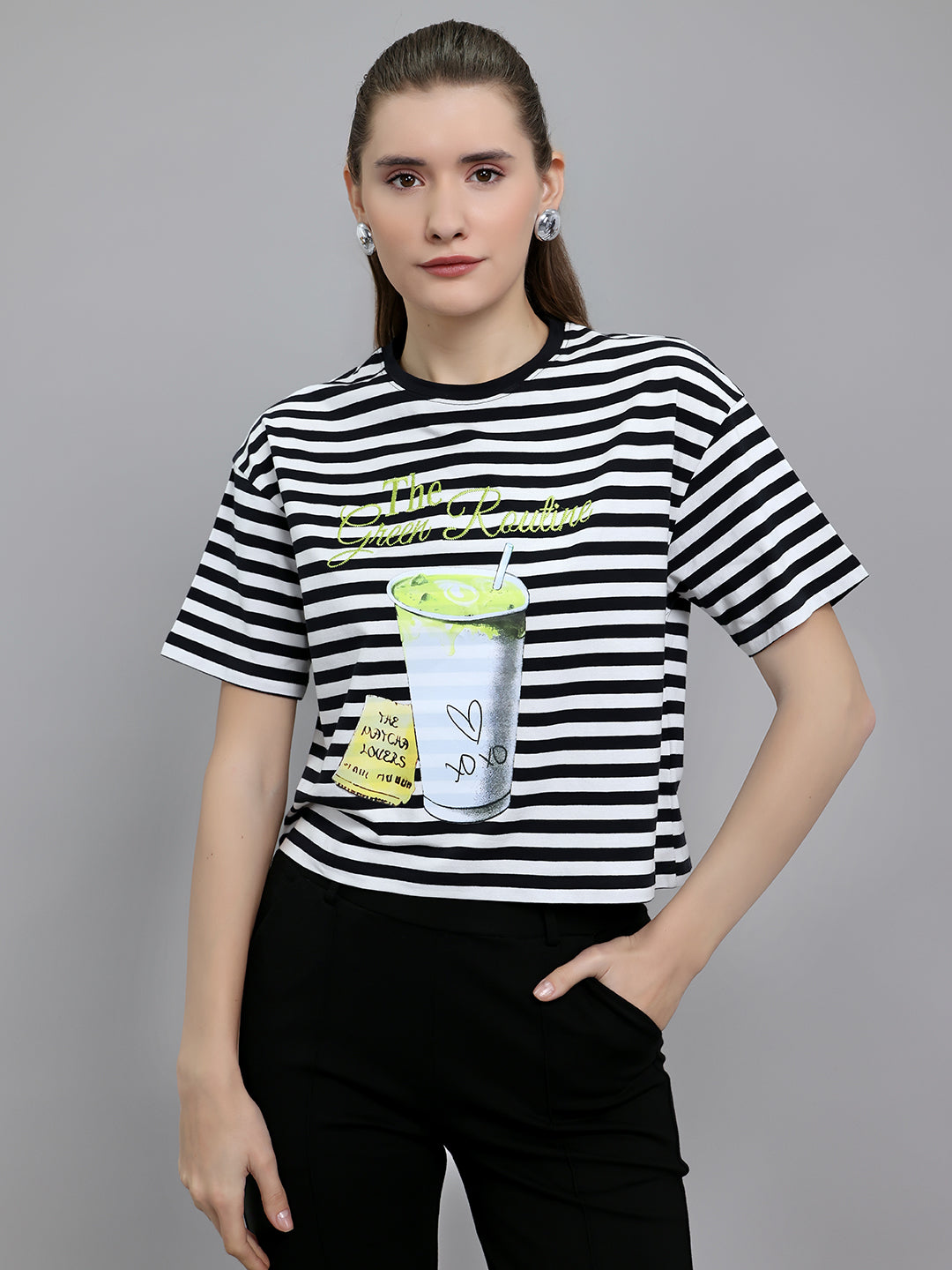 Women Black Printed Round Neck Half Sleeve Top