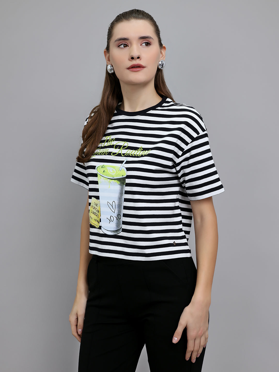 Women Black Printed Round Neck Half Sleeve Top