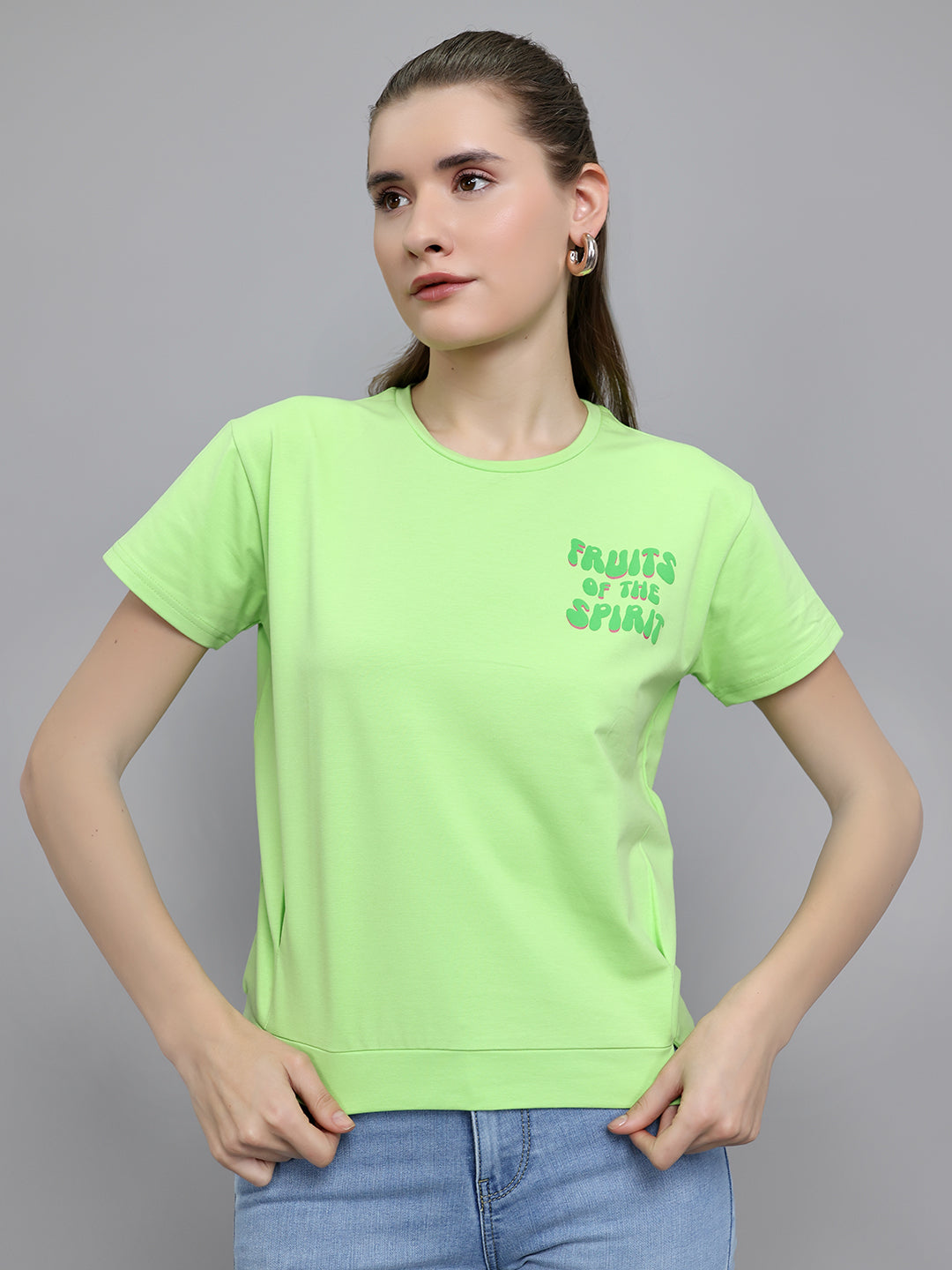 Women Fluorescent Green Printed Round Neck Half Sleeve Top