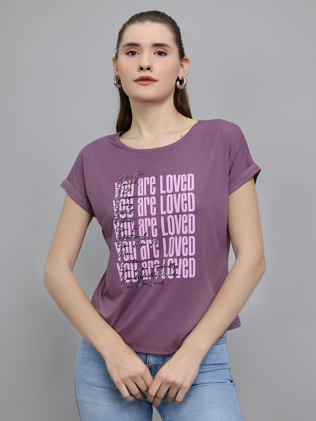 Women Mauve Printed Round Neck Half Sleeve Top