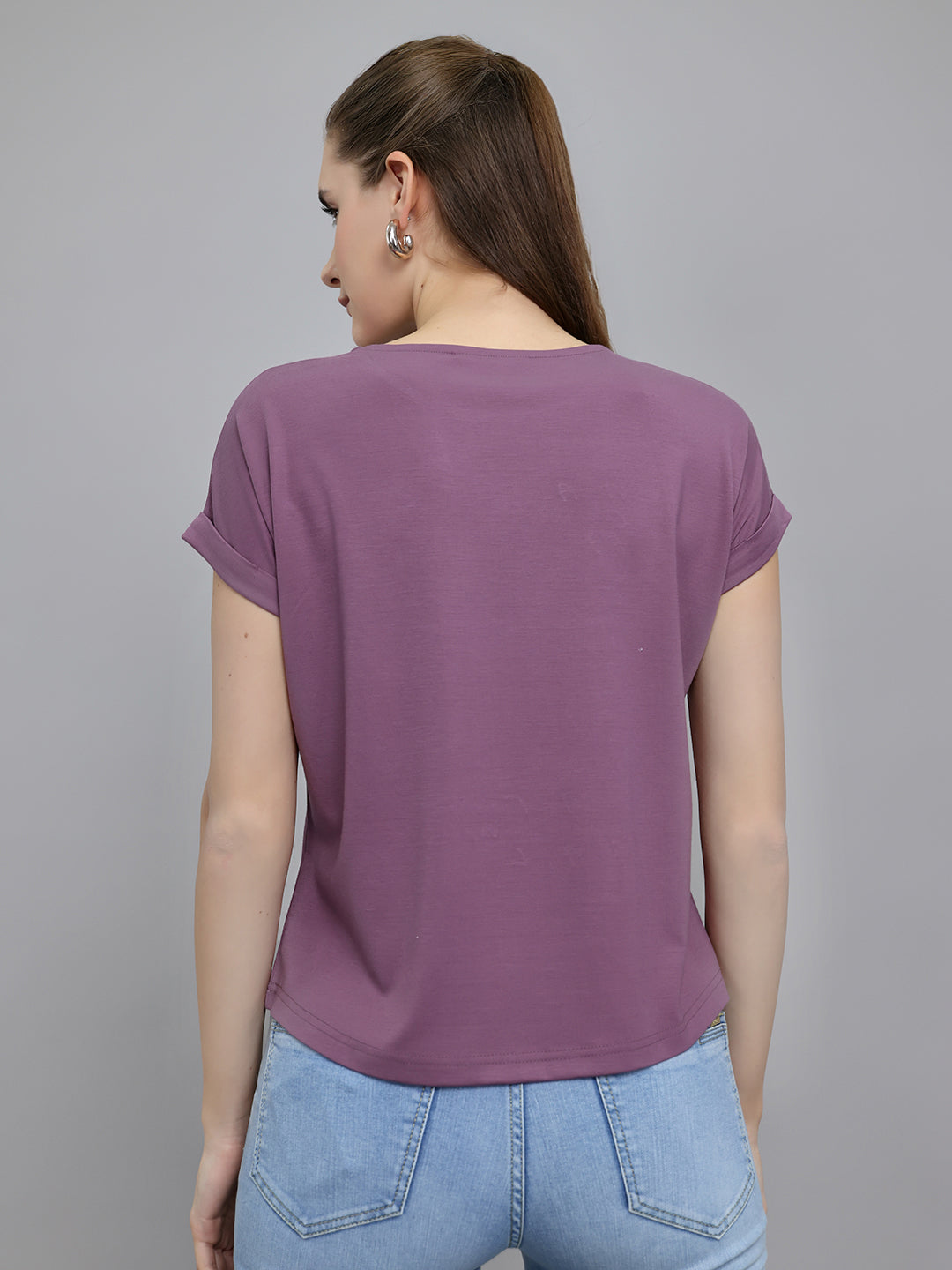 Women Mauve Printed Round Neck Half Sleeve Top