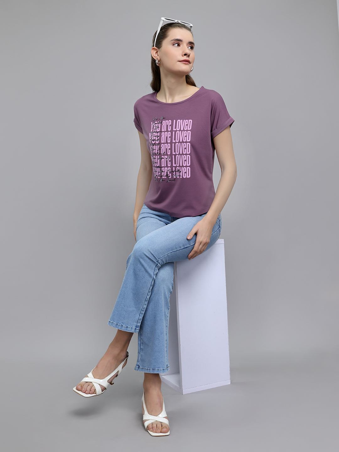 Women Mauve Printed Round Neck Half Sleeve Top