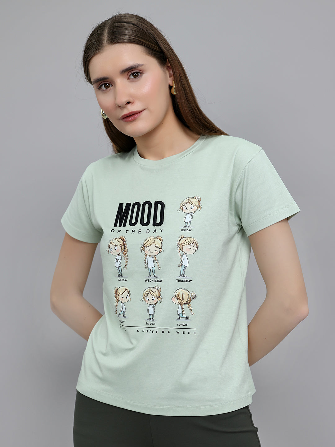 Women Light Green Printed Round Neck Half Sleeve Top