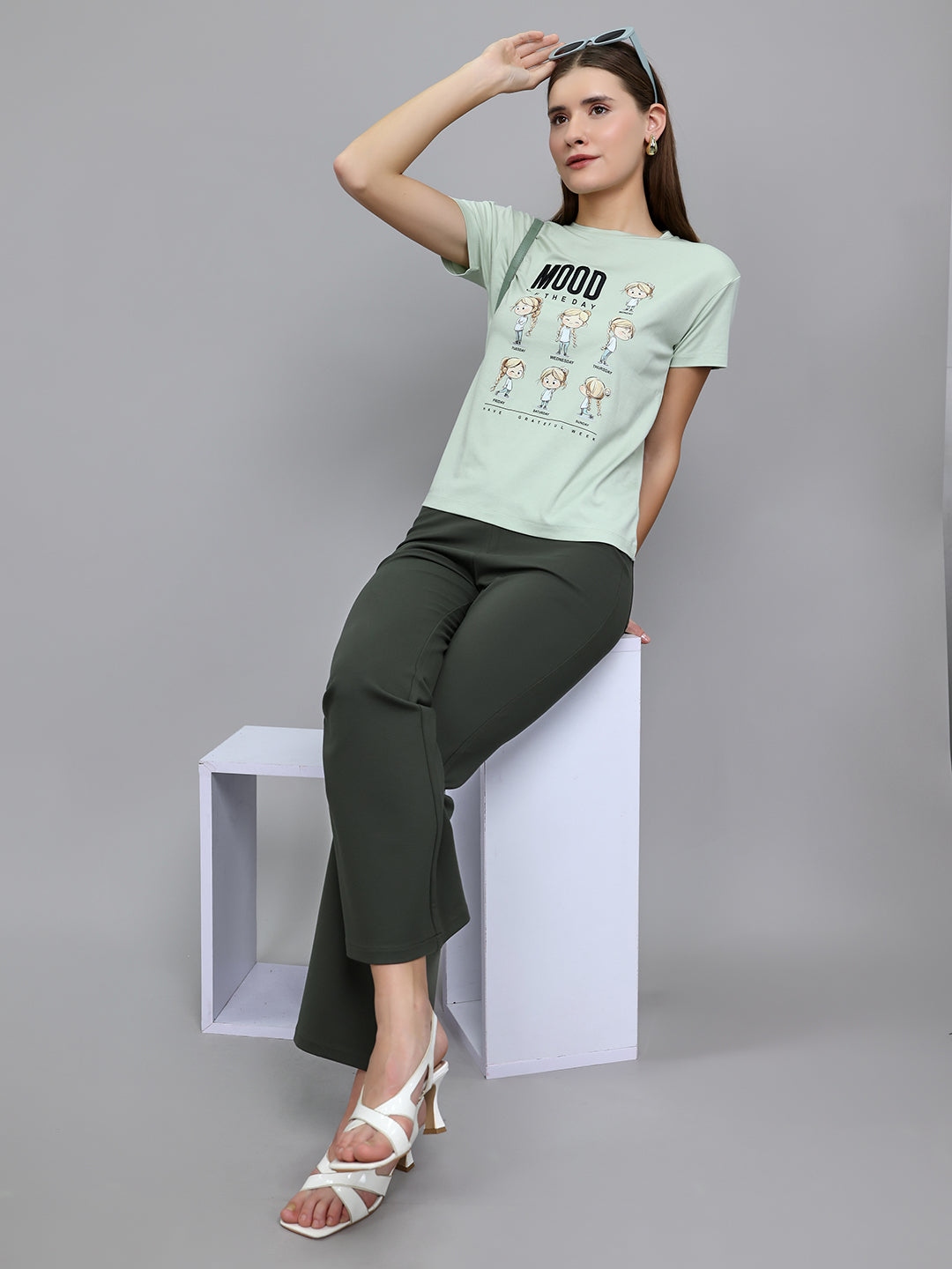 Women Light Green Printed Round Neck Half Sleeve Top