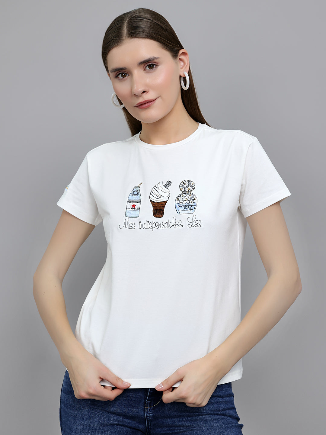 Women Off White Embroidered Round Neck Half Sleeve Top