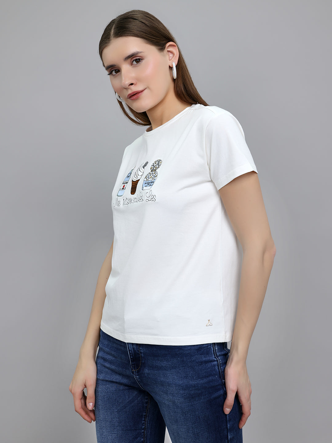 Women Off White Embroidered Round Neck Half Sleeve Top