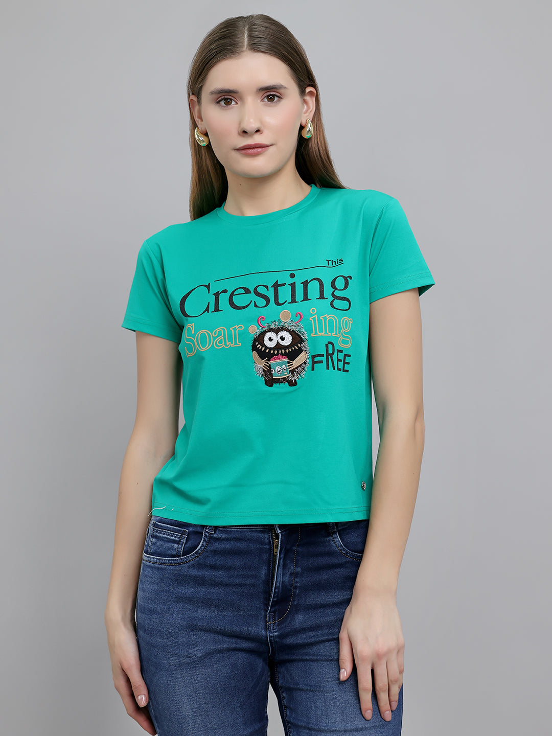Women Green Printed Round Neck Half Sleeve Top