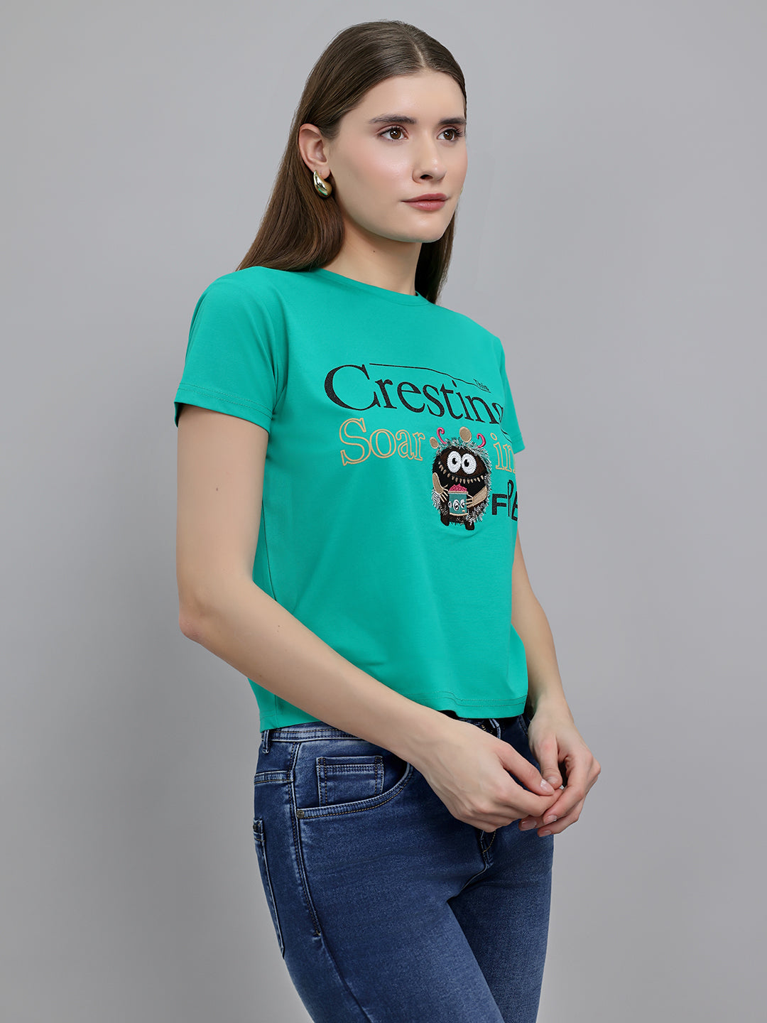 Women Green Printed Round Neck Half Sleeve Top