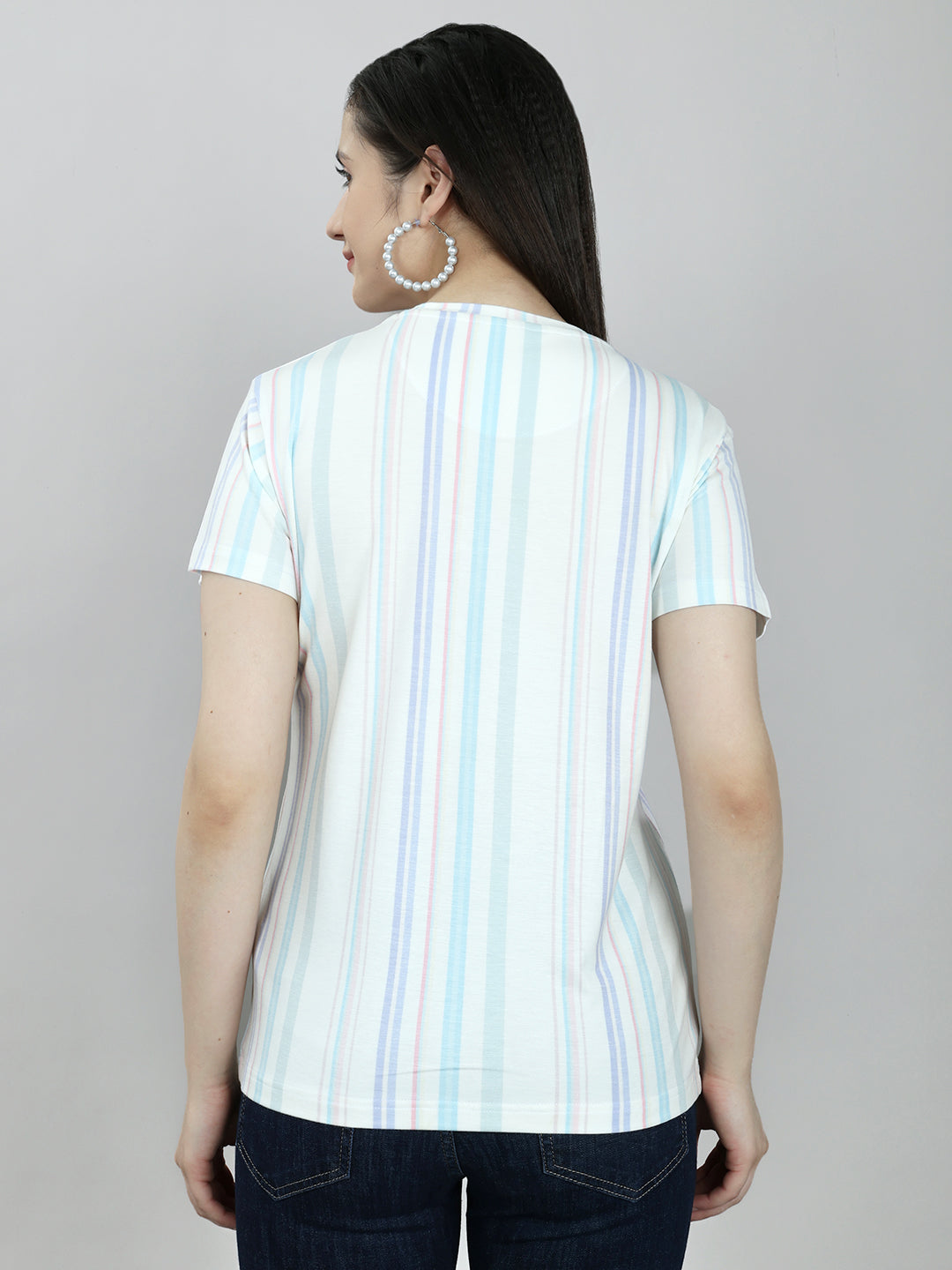 Women Off White Stripe Round Neck Half Sleeve Top