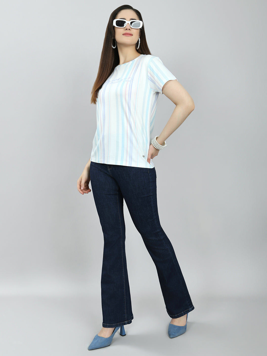 Women Off White Stripe Round Neck Half Sleeve Top