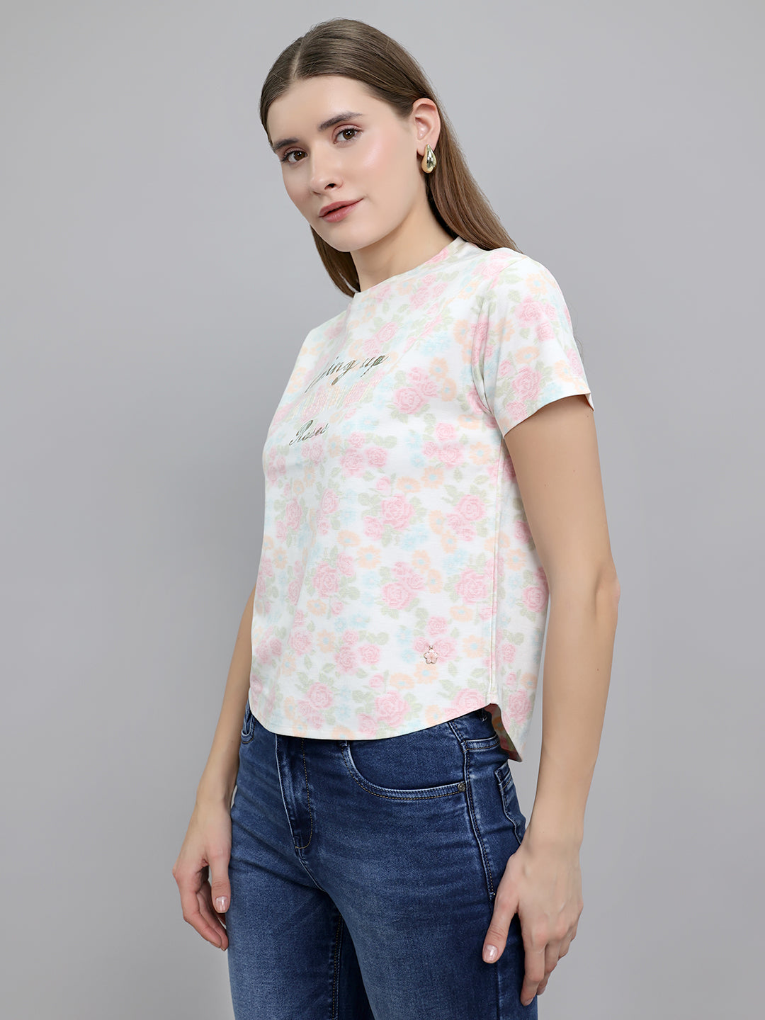 Women Multicolor Floral Print Round Neck Half Sleeve Top
